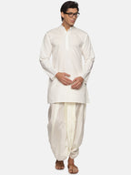 Sethukrishna Men Cream-Coloured Striped Pure Cotton Kurta with Dhoti Pants | Grocsy