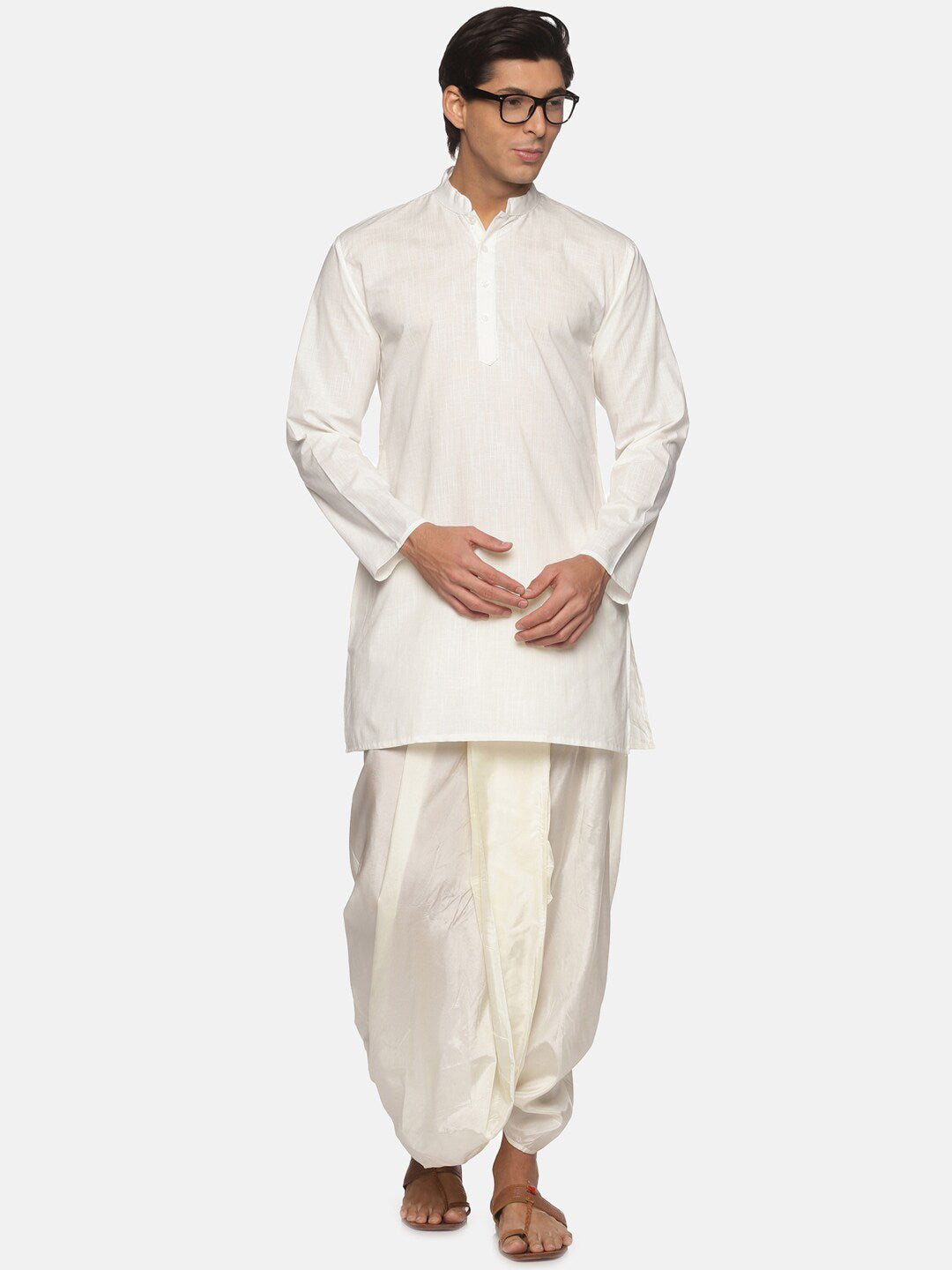 Sethukrishna Men Cream-Coloured Striped Pure Cotton Kurta with Dhoti Pants | Grocsy