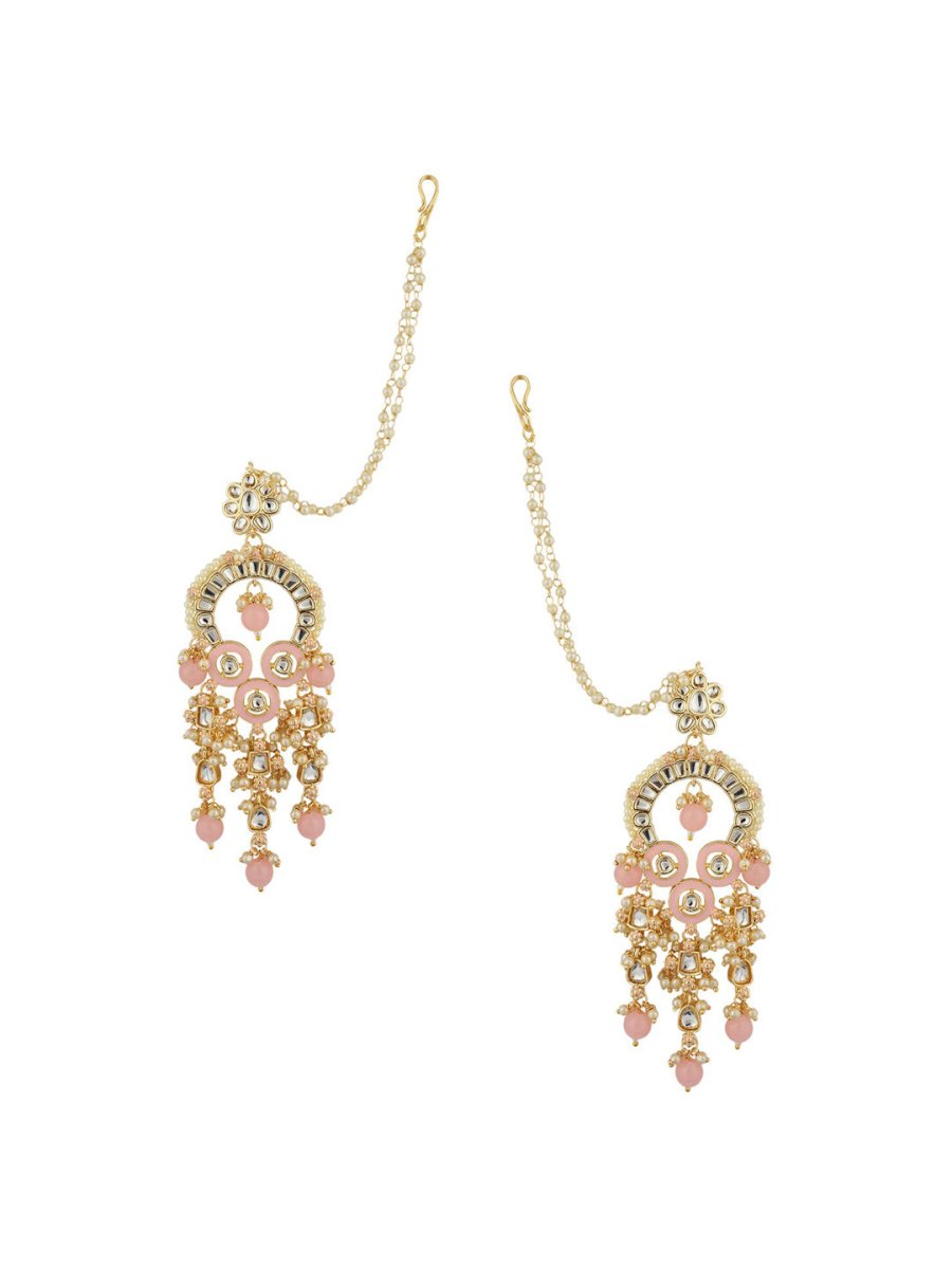 Anikas Creation Pink & Gold-Polished Kundan Contemporary Chandbalis With Ear Chain Earrings | Grocsy