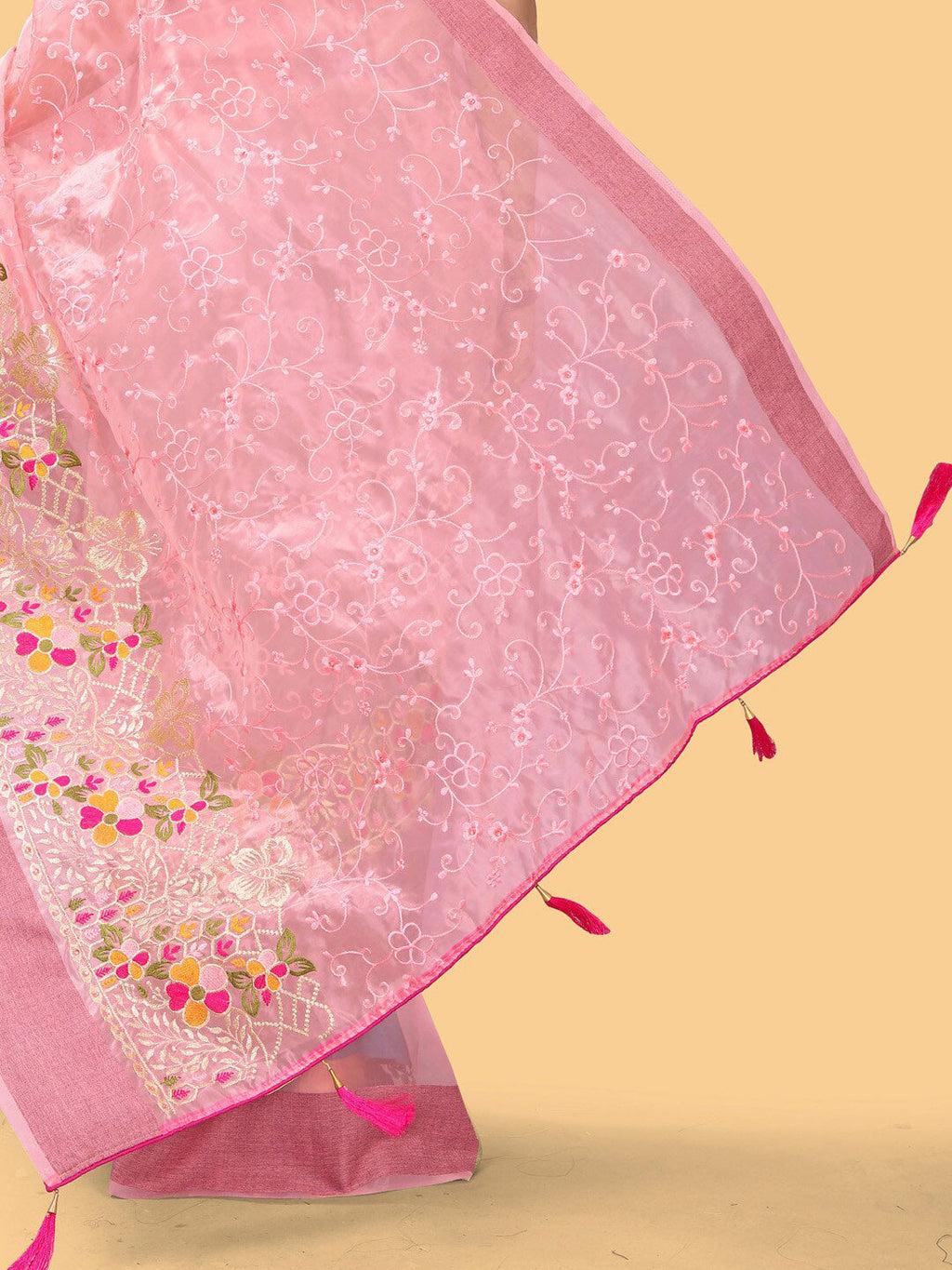 Sangria Pink & White Floral Embroidered Zari Organza Bagh Sarees | Grocsy
