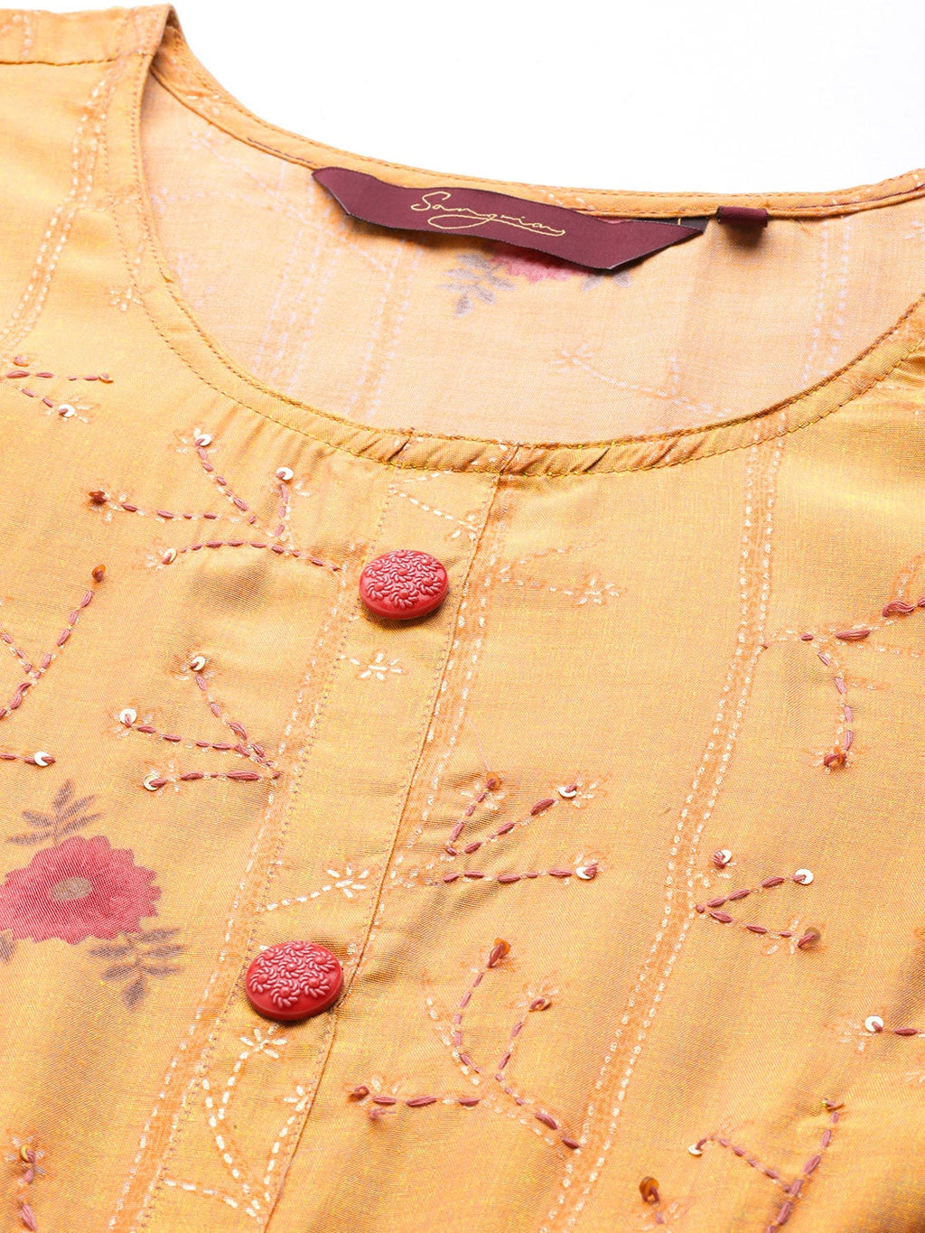 Sangria Women Mustard Yellow & Pink Ethnic Motifs Embroidered Mirror Work Anarkali Kurta | Grocsy