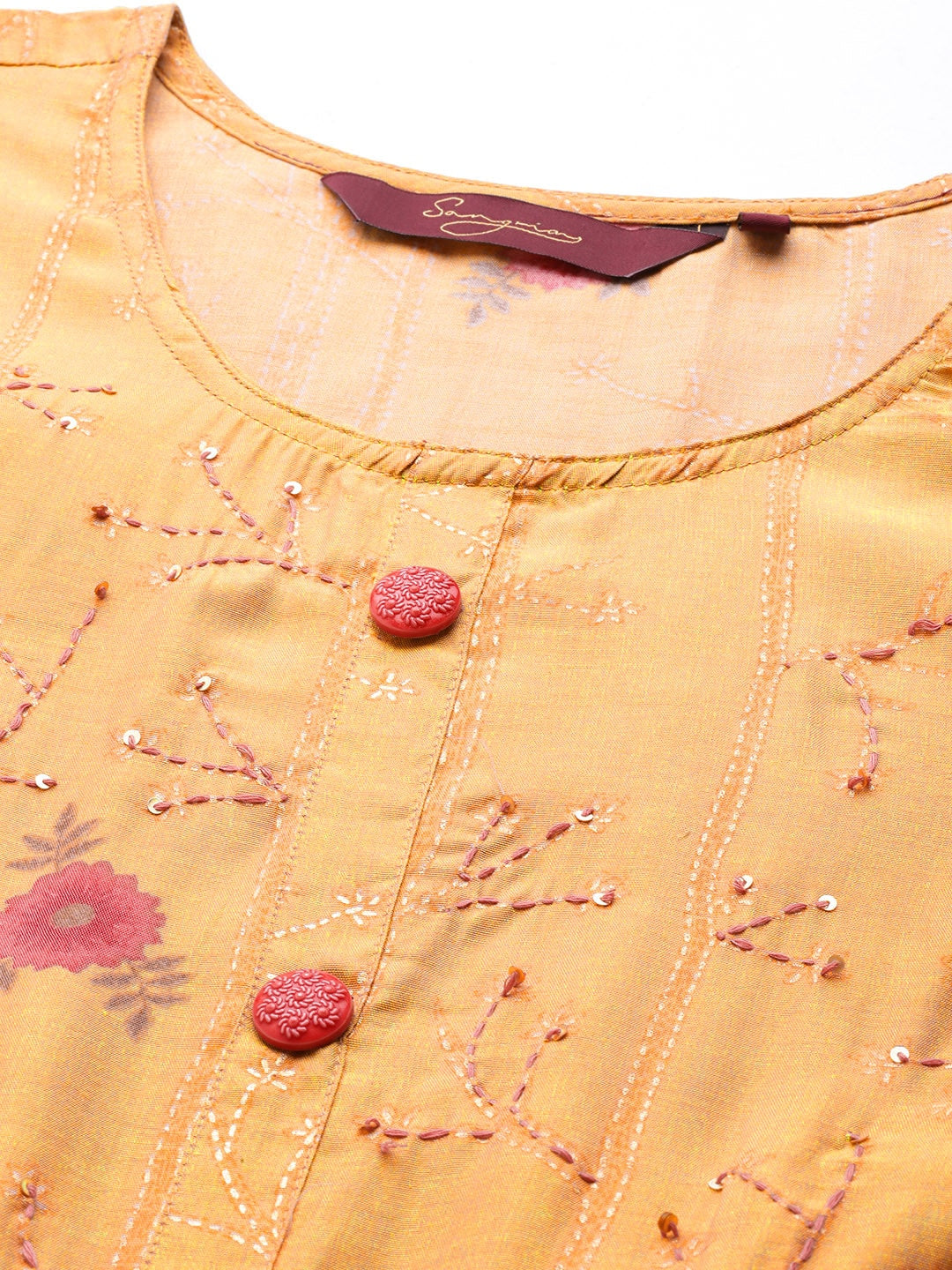Sangria Women Mustard Yellow & Pink Ethnic Motifs Embroidered Mirror Work Anarkali Kurta | Grocsy