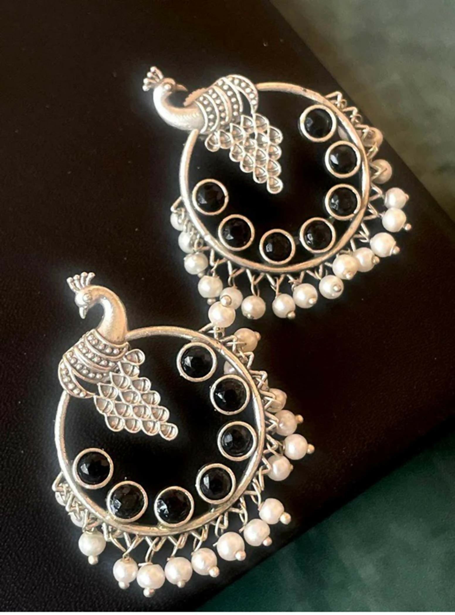 Joban Fashion Women Black Silver Replica Peacock Shape Monalisa Stone Beaded Round Earring | Grocsy