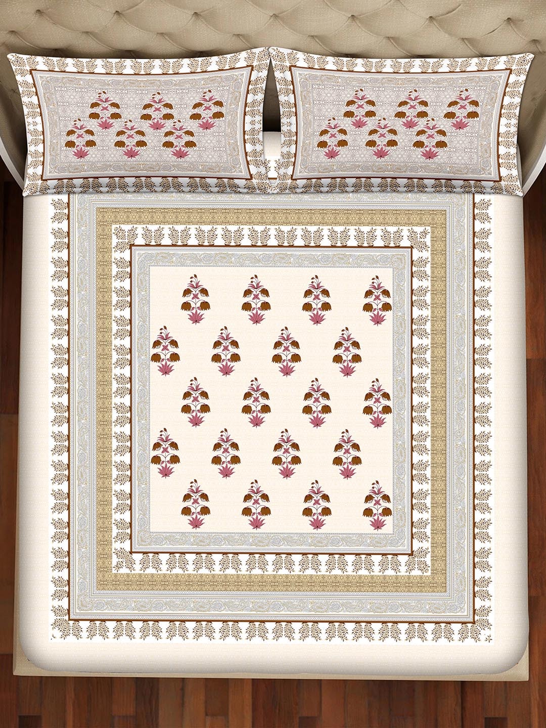 BELLA CASA Grey & Maroon Printed 350 TC Cotton King Bedsheet With 2 Pillow Covers | Grocsy