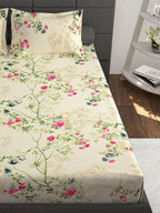 Story@home Ventura Cream & Green Floral 152 TC Cotton Queen Bedsheet with 2 Pillow Covers | Grocsy