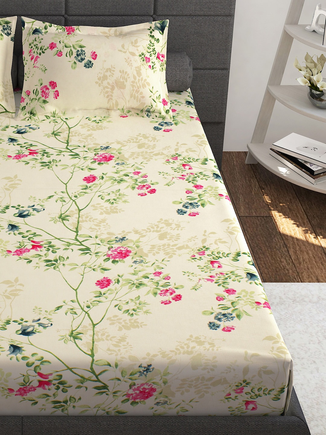 Story@home Ventura Cream & Green Floral 152 TC Cotton Queen Bedsheet with 2 Pillow Covers | Grocsy