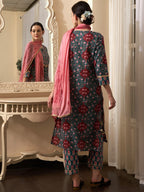 Sangria Teal Blue Floral Printed Gotta Patti Pure Cotton Kurta With Trousers & Dupatta | Grocsy