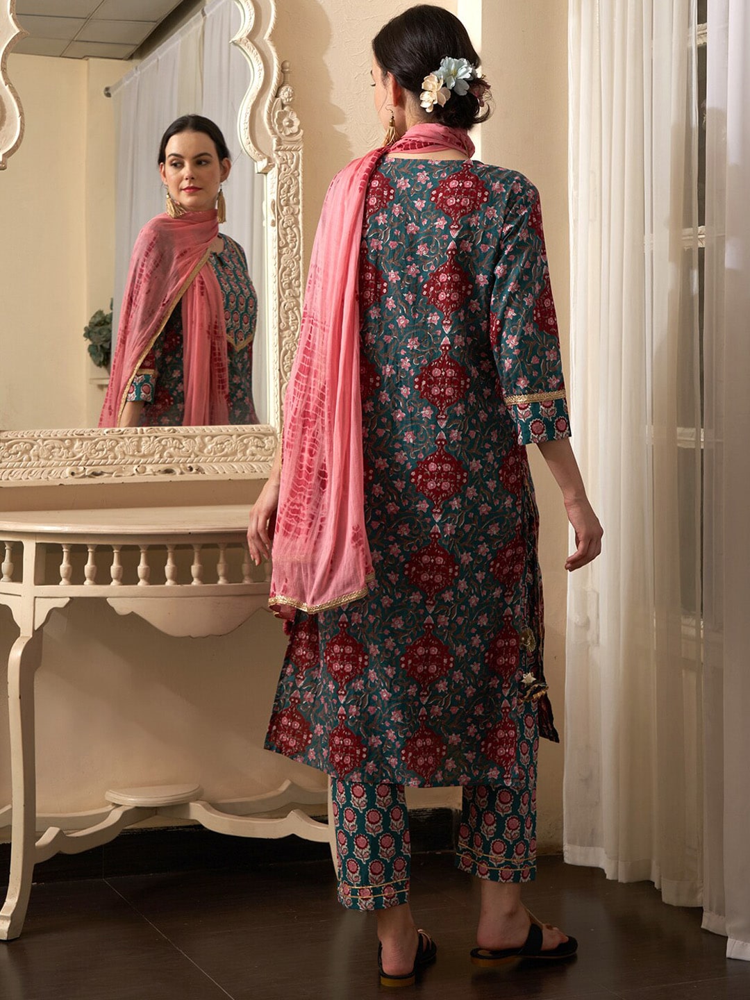 Sangria Teal Blue Floral Printed Gotta Patti Pure Cotton Kurta With Trousers & Dupatta | Grocsy
