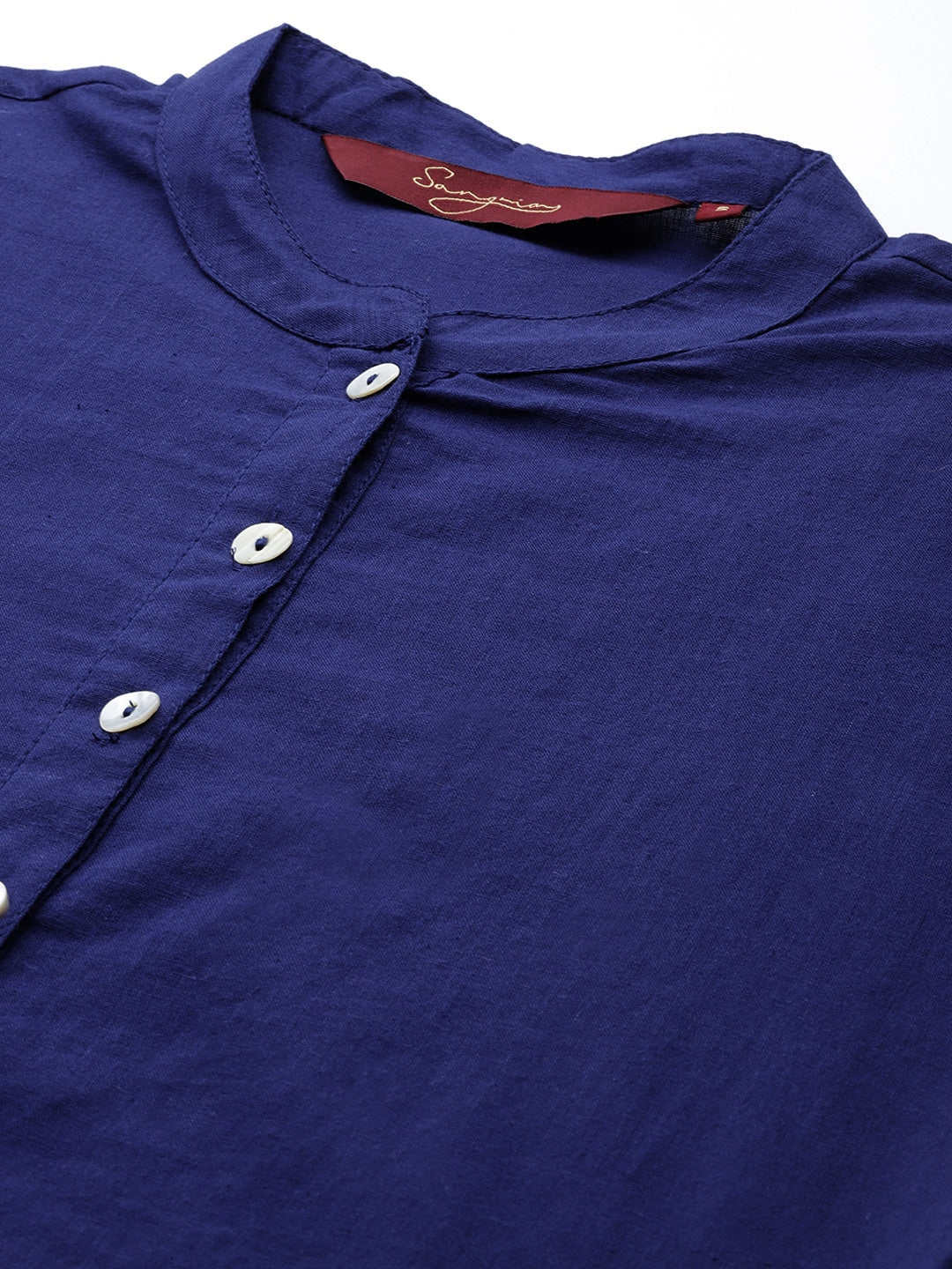 Sangria Women Solid Mandarin Collar Pure Cotton Indigo Kurta | Grocsy