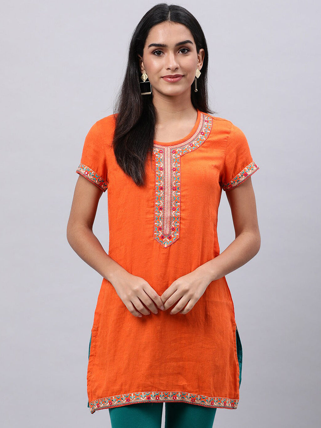 Souchii Orange Floral Embroidered Mirror Work Mirror Work Kurti | Grocsy