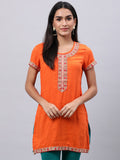 Souchii Orange Floral Embroidered Mirror Work Mirror Work Kurti | Grocsy