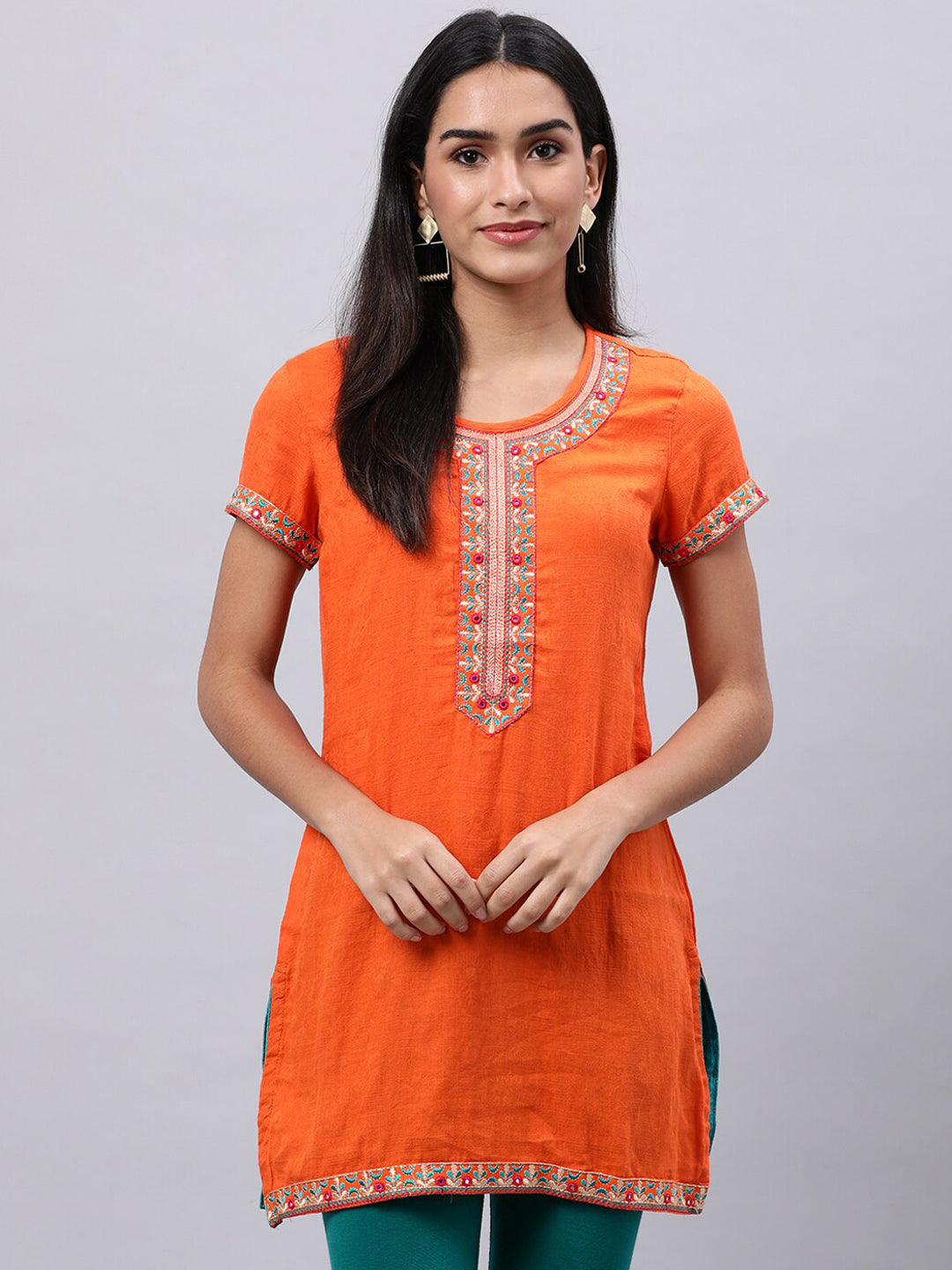 Souchii Orange Floral Embroidered Mirror Work Mirror Work Kurti | Grocsy