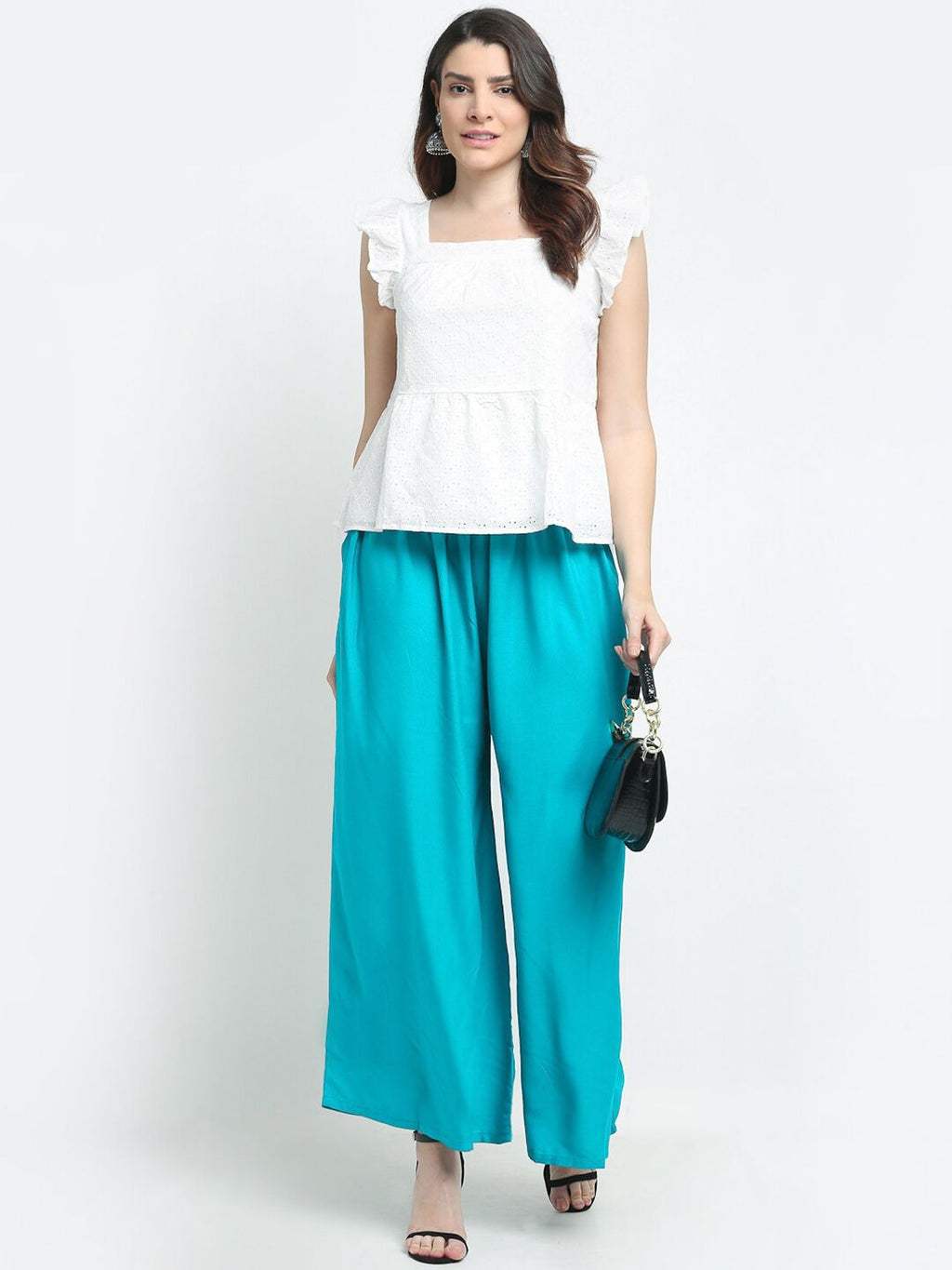 TAG 7 Women Pack Of 2 Cream-Coloured & Turquoise Blue Flared Ethnic Palazzos | Grocsy