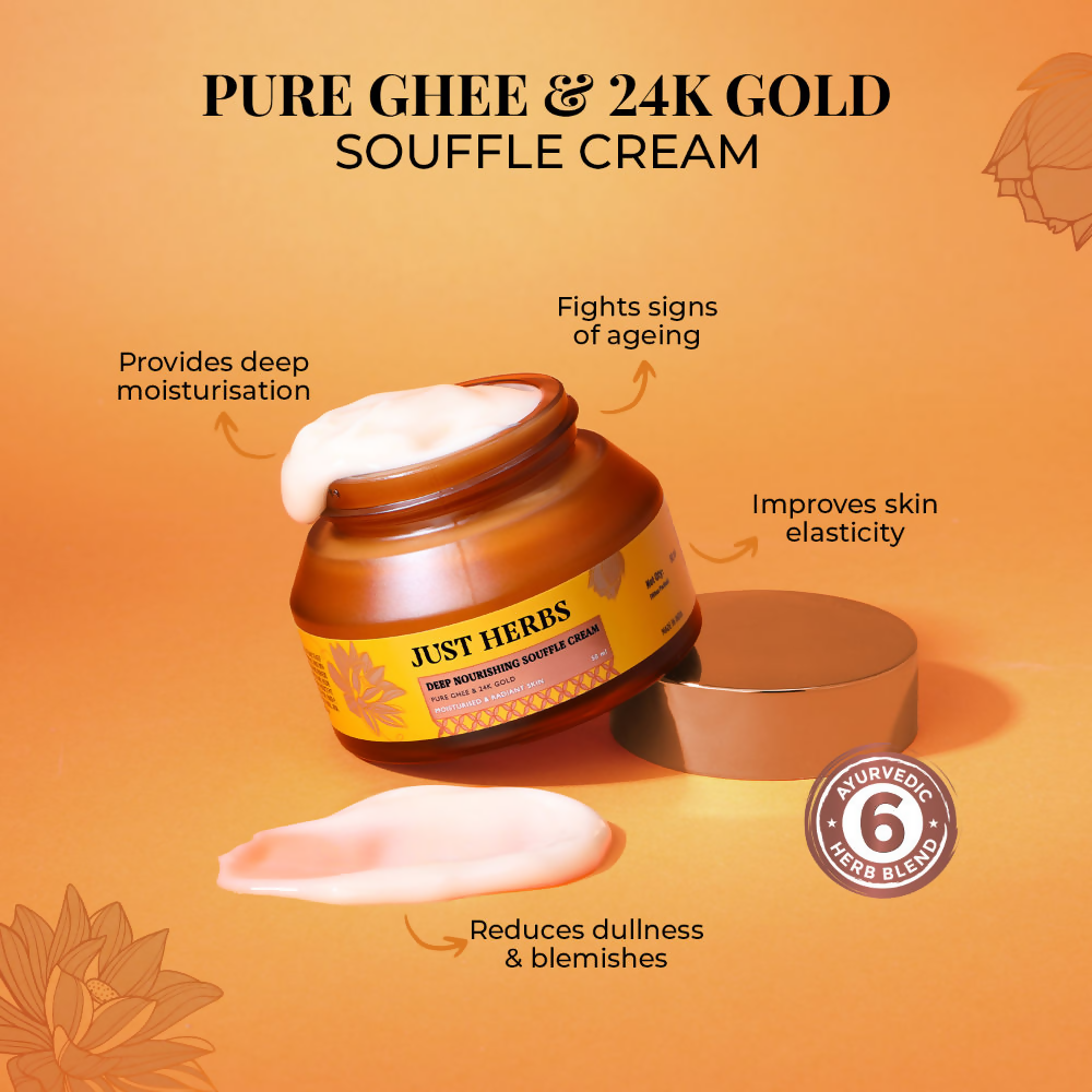 Just Herbs Pure Ghee & 24K Gold Deep Nourishing Souffle Cream | Grocsy