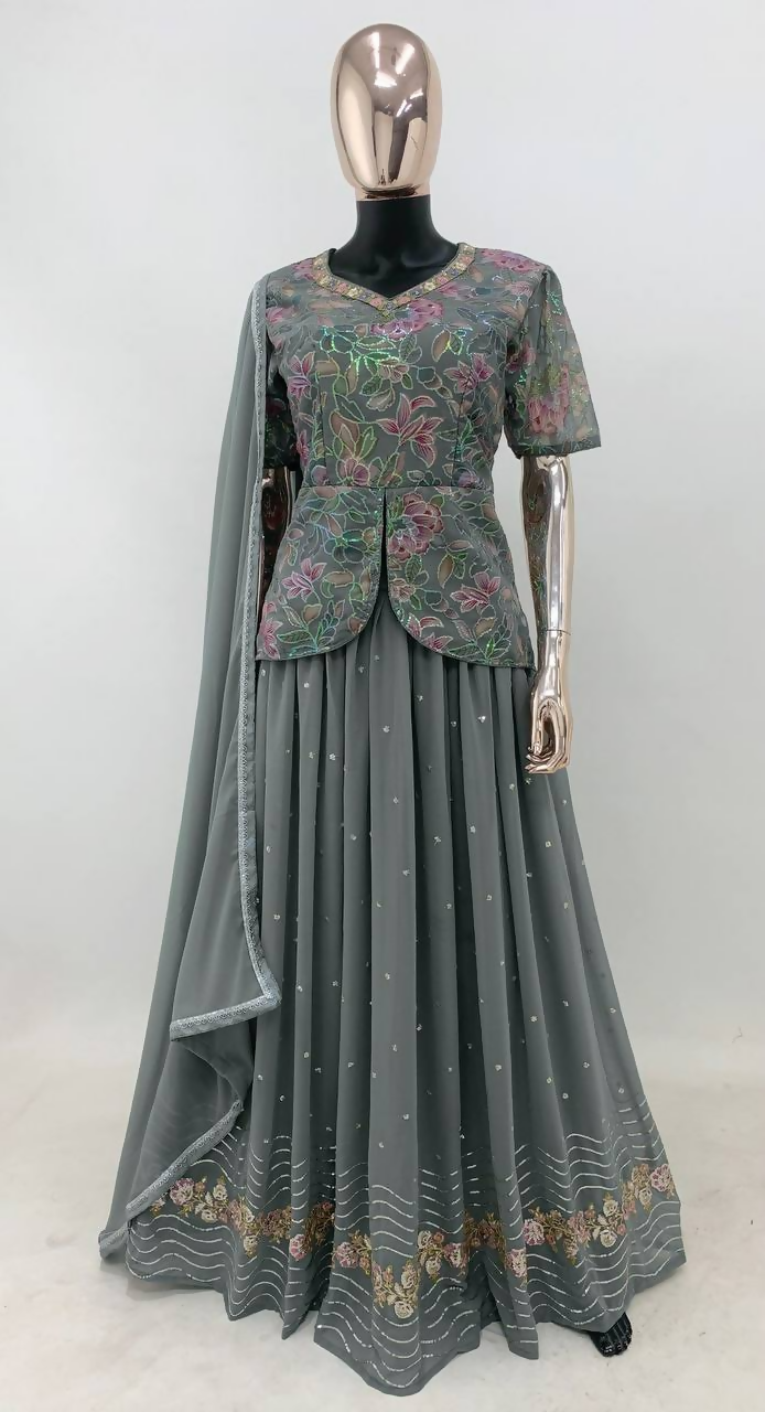 Lorenvalley Fashion Grey Faux Georgette Embroidery with Sequince Work Salwar Lehenga Stitched | Grocsy