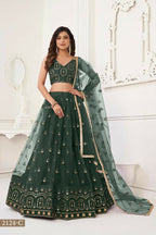 Aastha Fashion Dark Green Butterfly Net Tone To Tone Thread Work And Sandwich Sequence Work Embroidery Wedding Wear Lehenga Choli | Grocsy