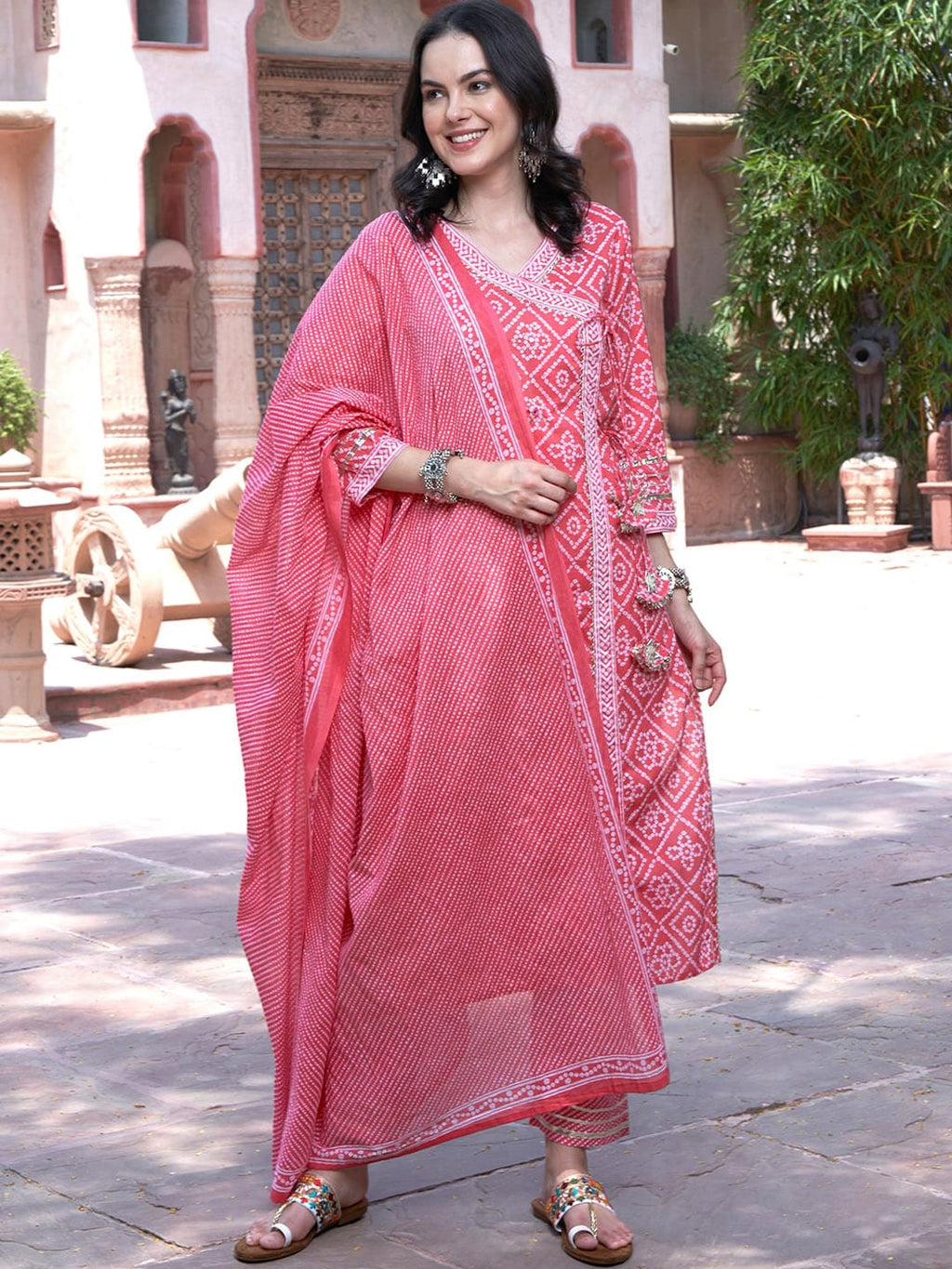 Sangria Pink Bandhani Printed Pure Cotton Angrakha Kurta With Trousers & Dupatta | Grocsy