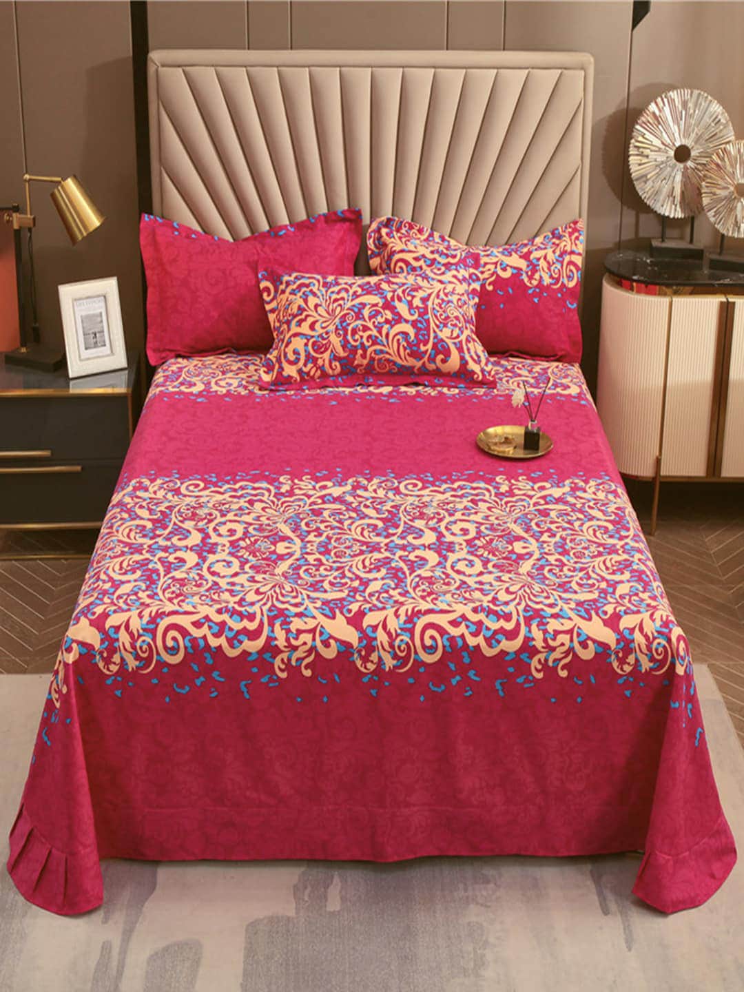 JC Collection Pink & Blue TC 240 Ethnic Motifs Cotton King Bedsheet with 2 Pillow Covers | Grocsy