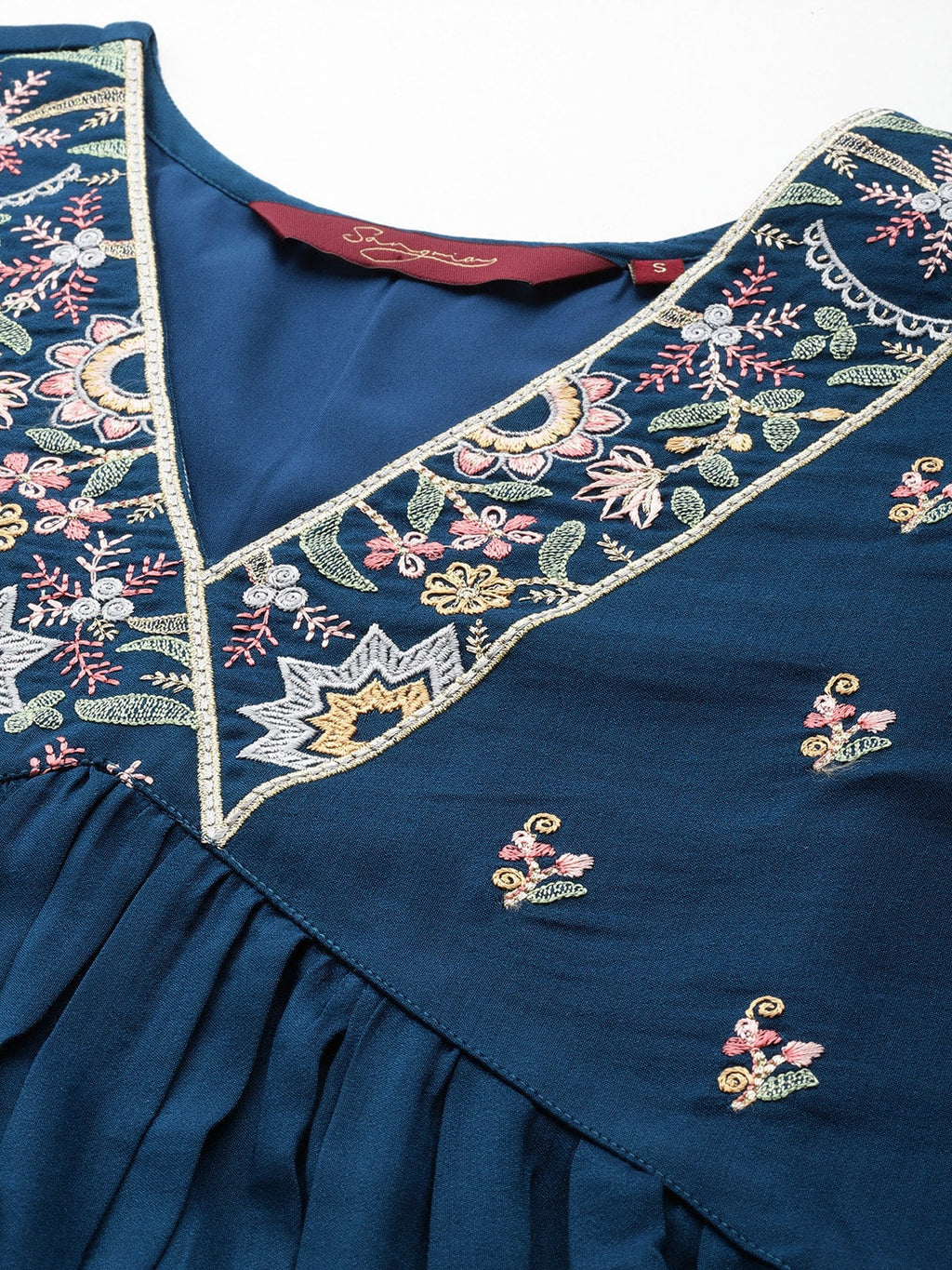 Sangria Floral Embroidered Empire Thread Work Kurta With Palazzos & Dupatta | Grocsy