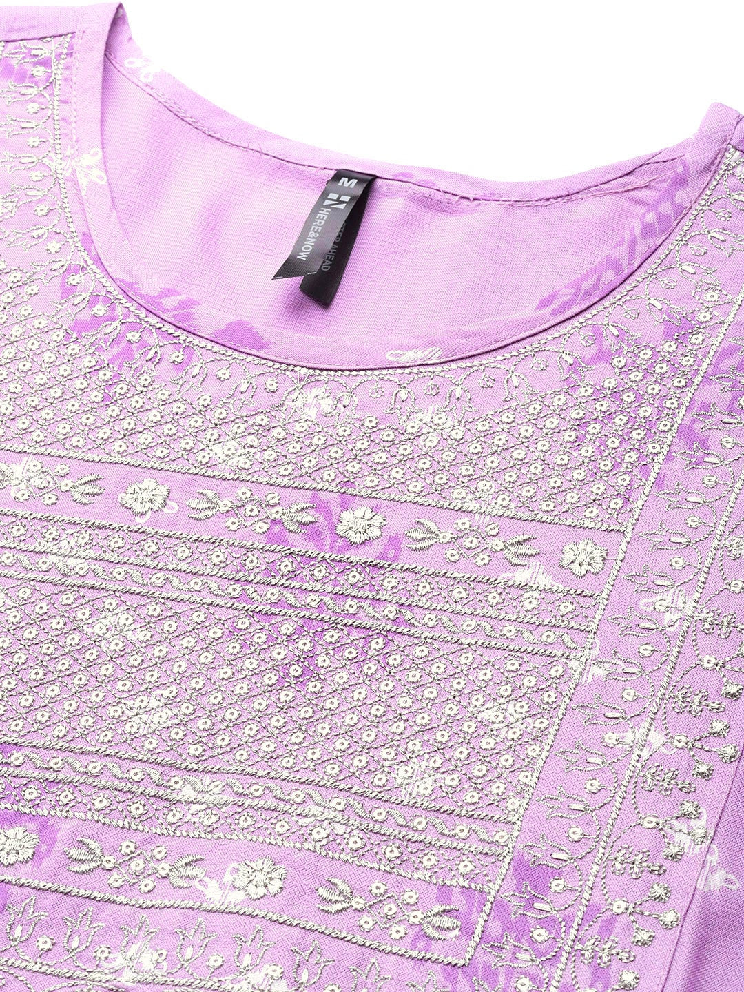 HERE&NOW Women Purple & White Ethnic Motifs Printed Embroidered Work Kurta | Grocsy