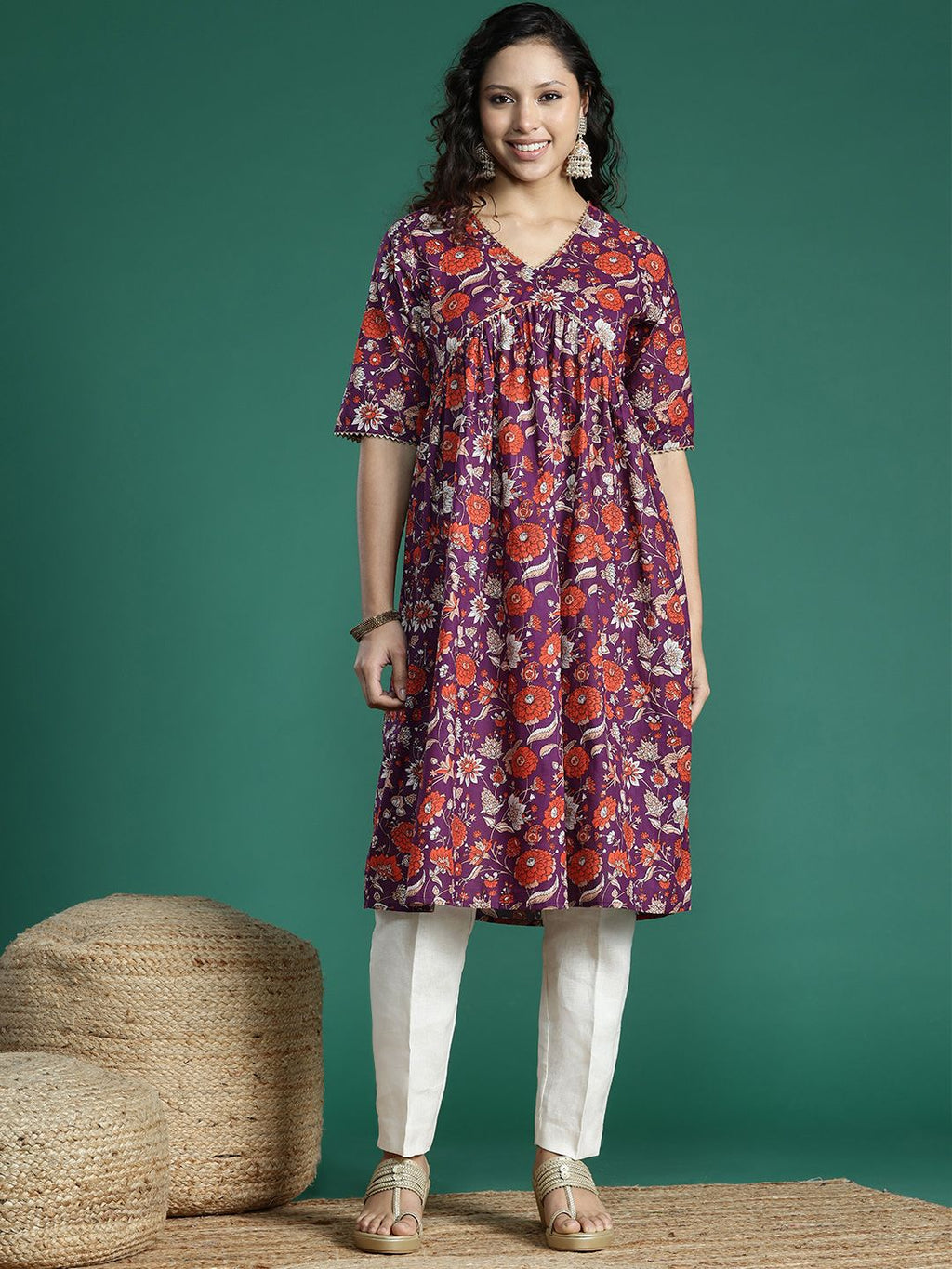 Sangria Floral Printed Gotta Patti Kurta | Grocsy
