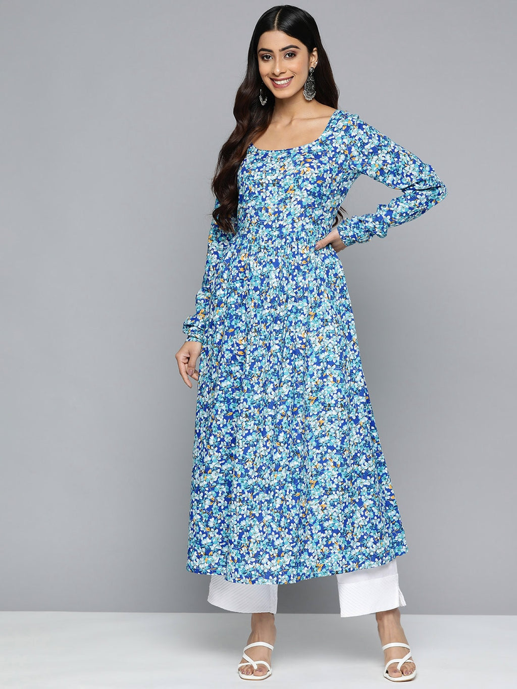 HERE&NOW Women Floral Printed Scoop Neck Anarkali Kurta | Grocsy