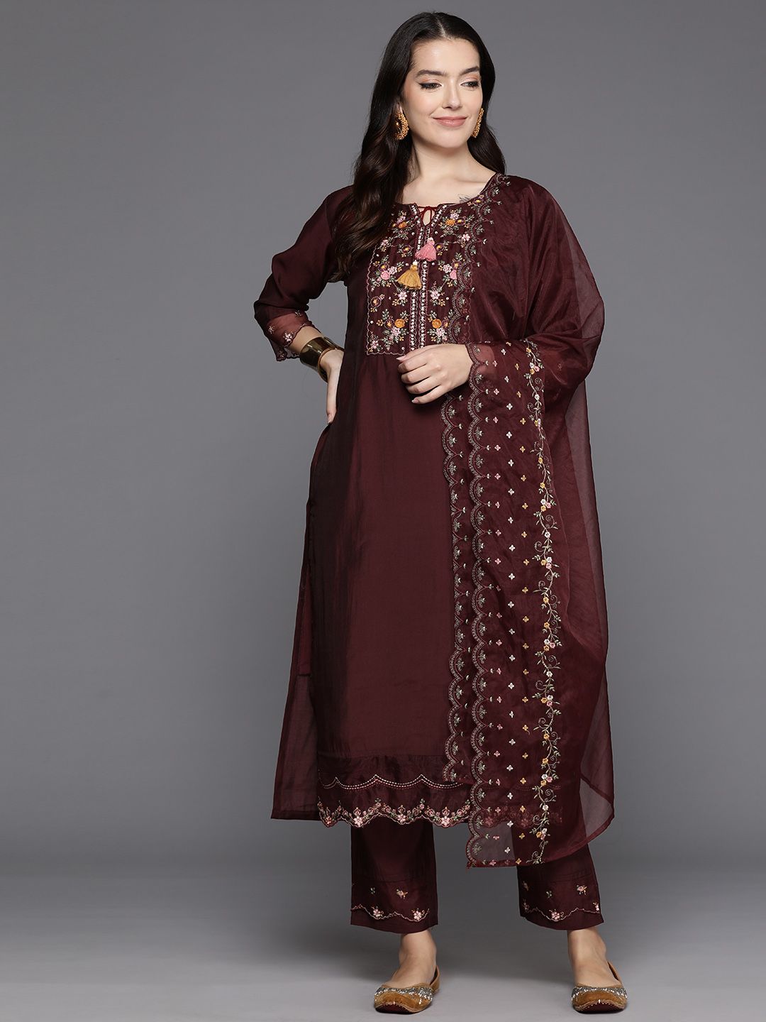 Indo Era Women Floral Embroidered Regular Sequinned Kurta with Trousers & With Dupatta | Grocsy