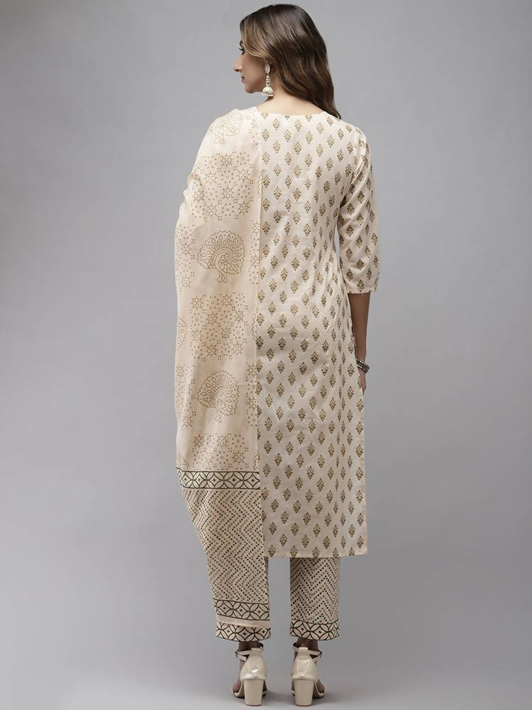 Yufta Women Beige & Green Ethnic Motifs Printed Cotton Kurta with Trouser With Dupatta | Grocsy