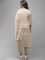 Yufta Women Beige & Green Ethnic Motifs Printed Cotton Kurta with Trouser With Dupatta | Grocsy