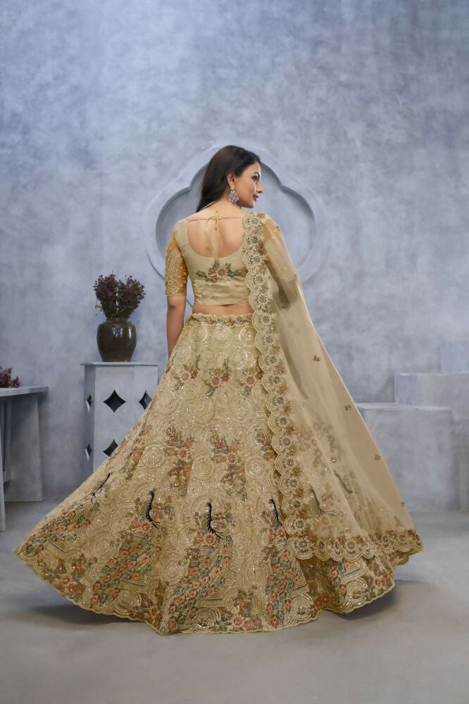 Kesar Fab Golden Net Embroidered Lehenga | Grocsy