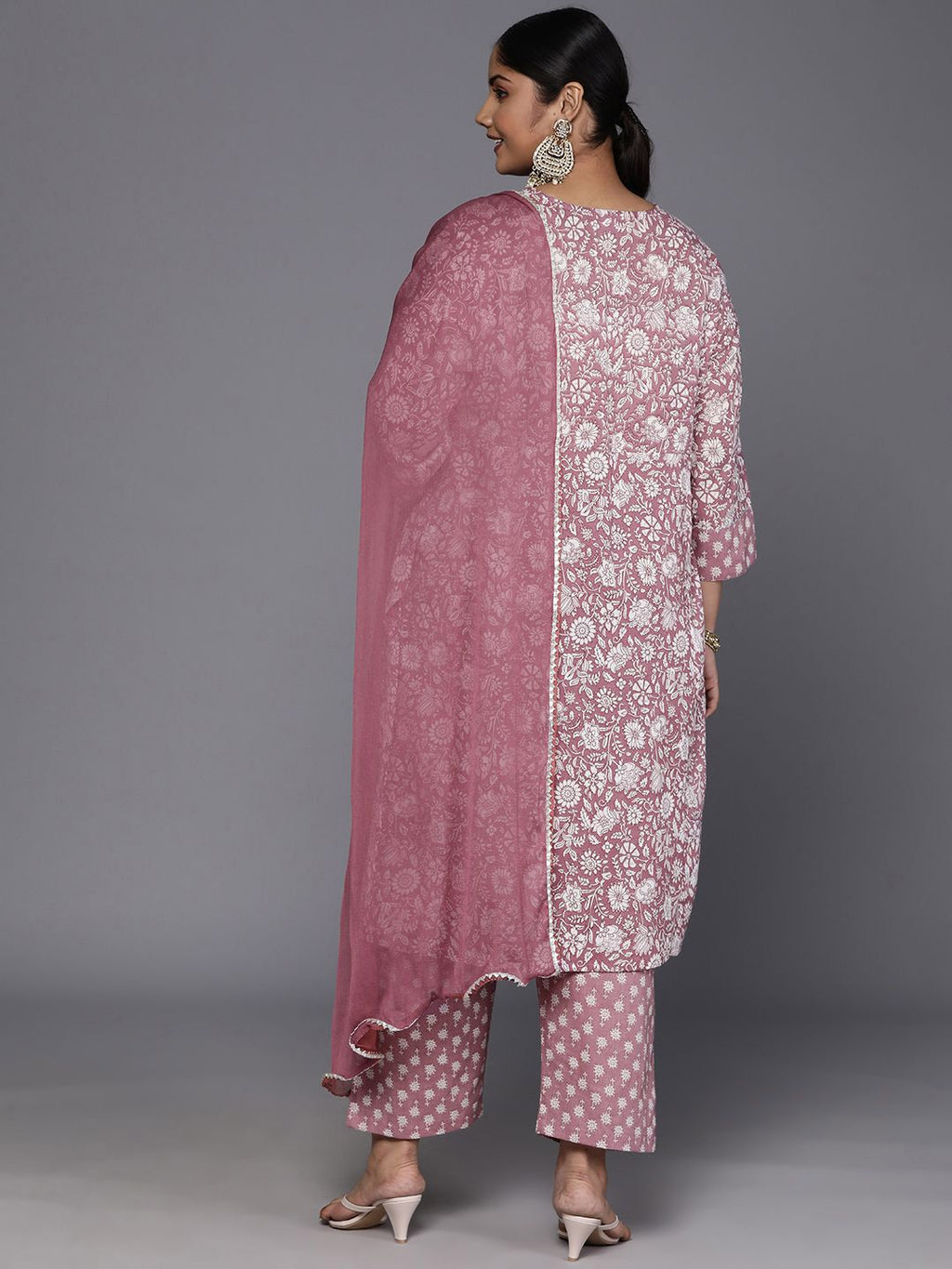 Sztori Plus Size Floral Printed Sequinned Pure Cotton A Line Kurta & Trousers With Dupatta | Grocsy