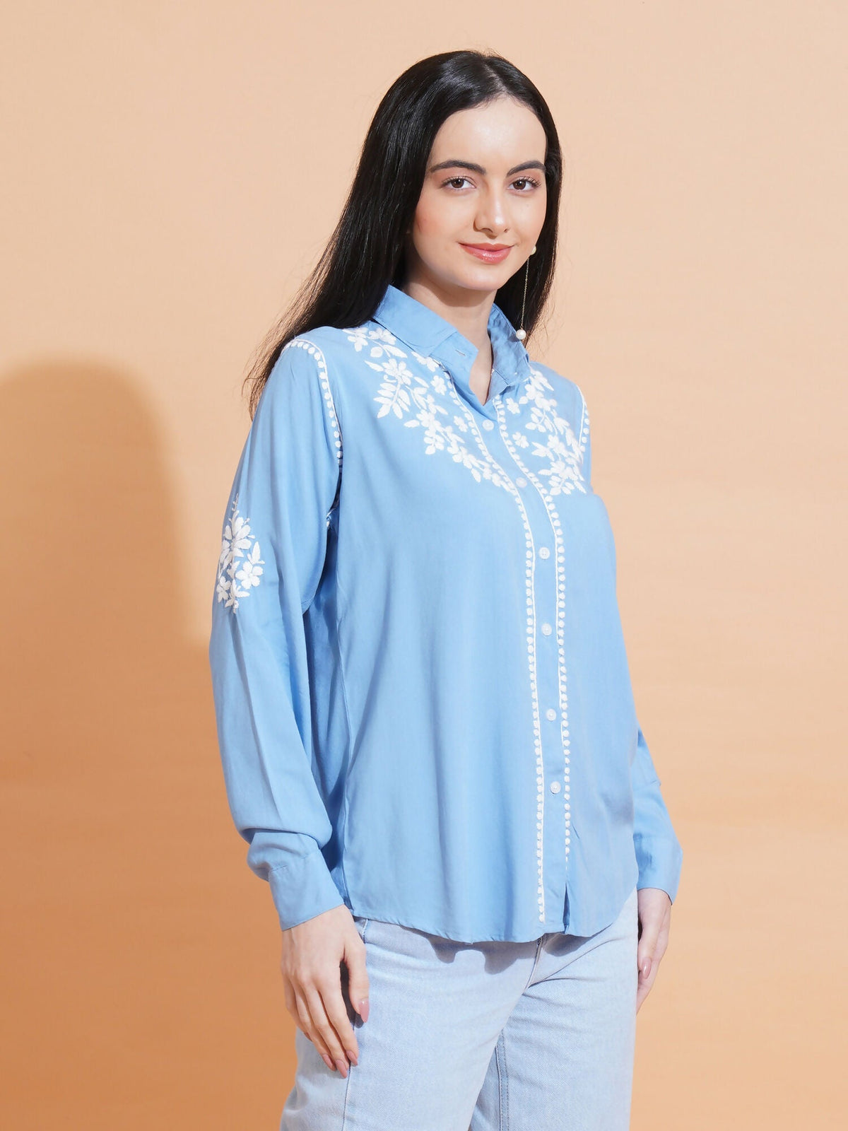 Pahnaz Modal Chikankari Handwork Shirt-Blue | Grocsy