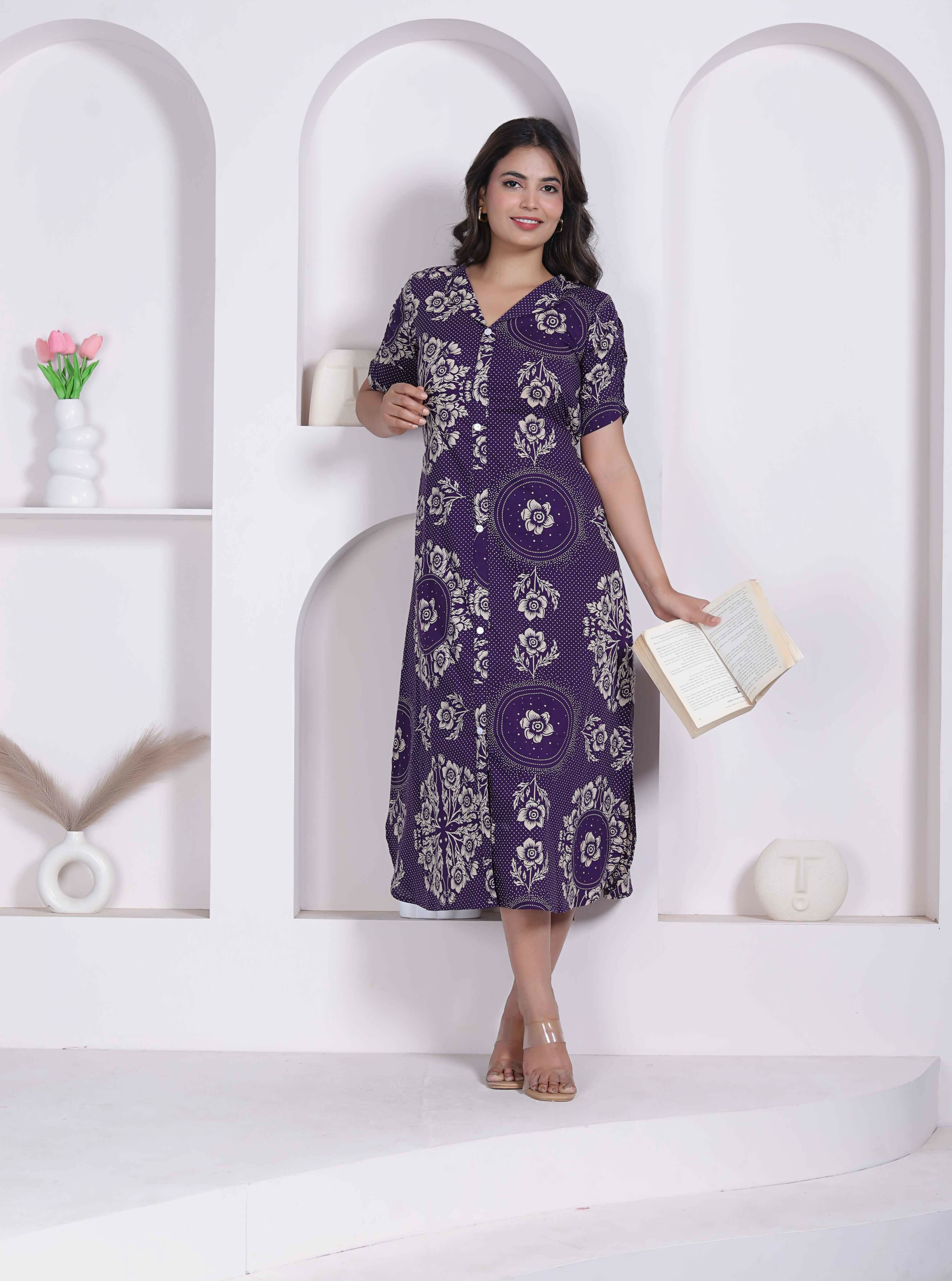 Miravan Womens Floral Printed A-Line Shirt Collar Maxi Dress | Grocsy