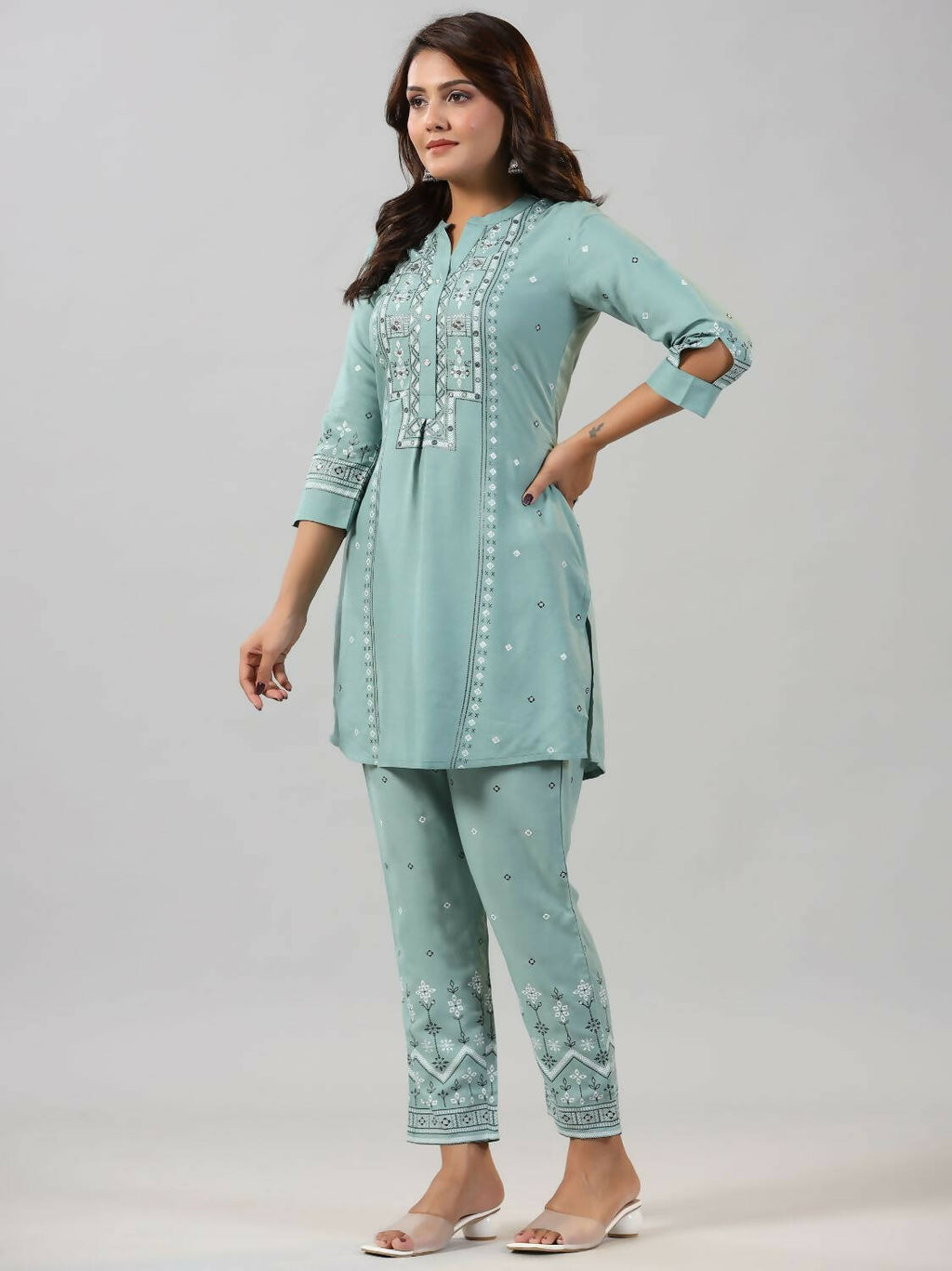 Juniper Women Sage Green Rayon Staple printed Kurta and Pants Set | Grocsy