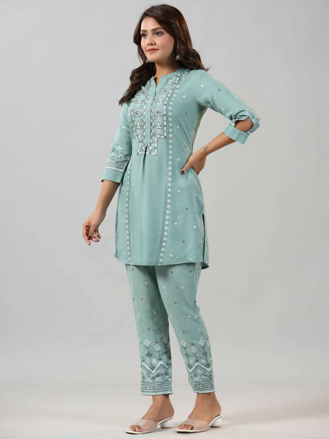 Juniper Women Sage Green Rayon Staple printed Kurta and Pants Set | Grocsy