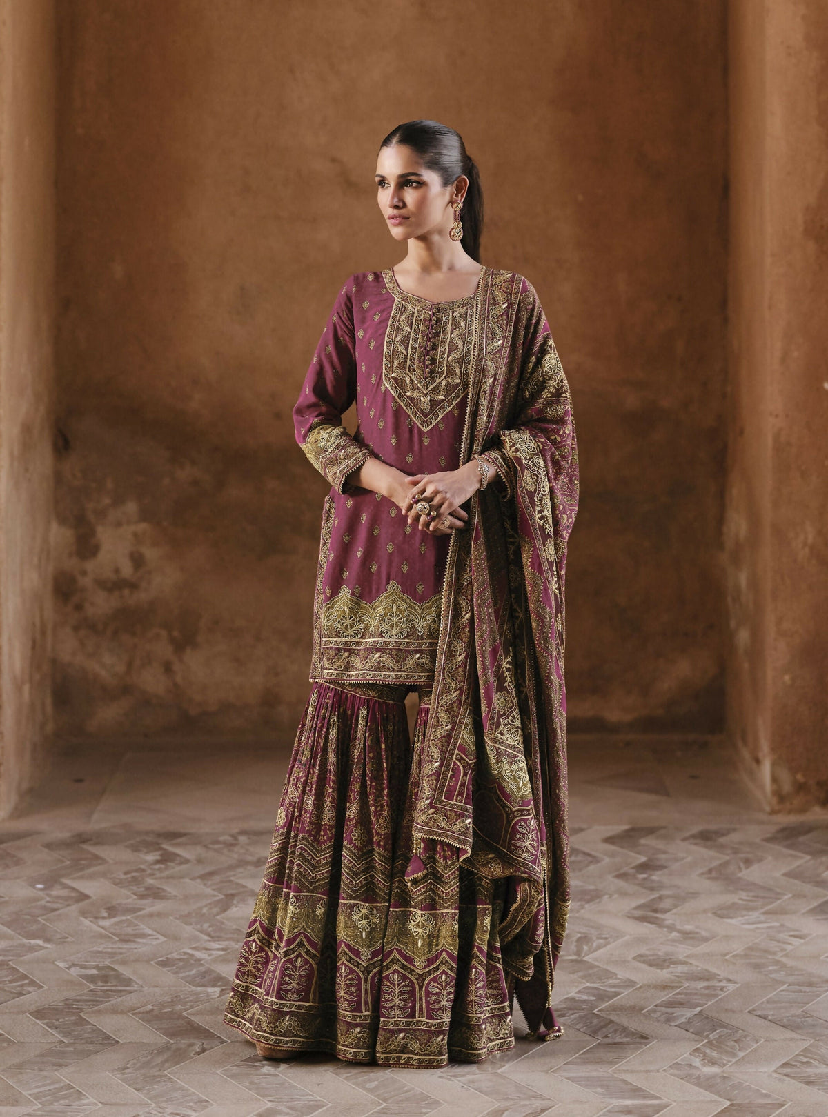 Anaita Maroon Silk Readymade Palazzo Suit with Swarovski Work | Grocsy