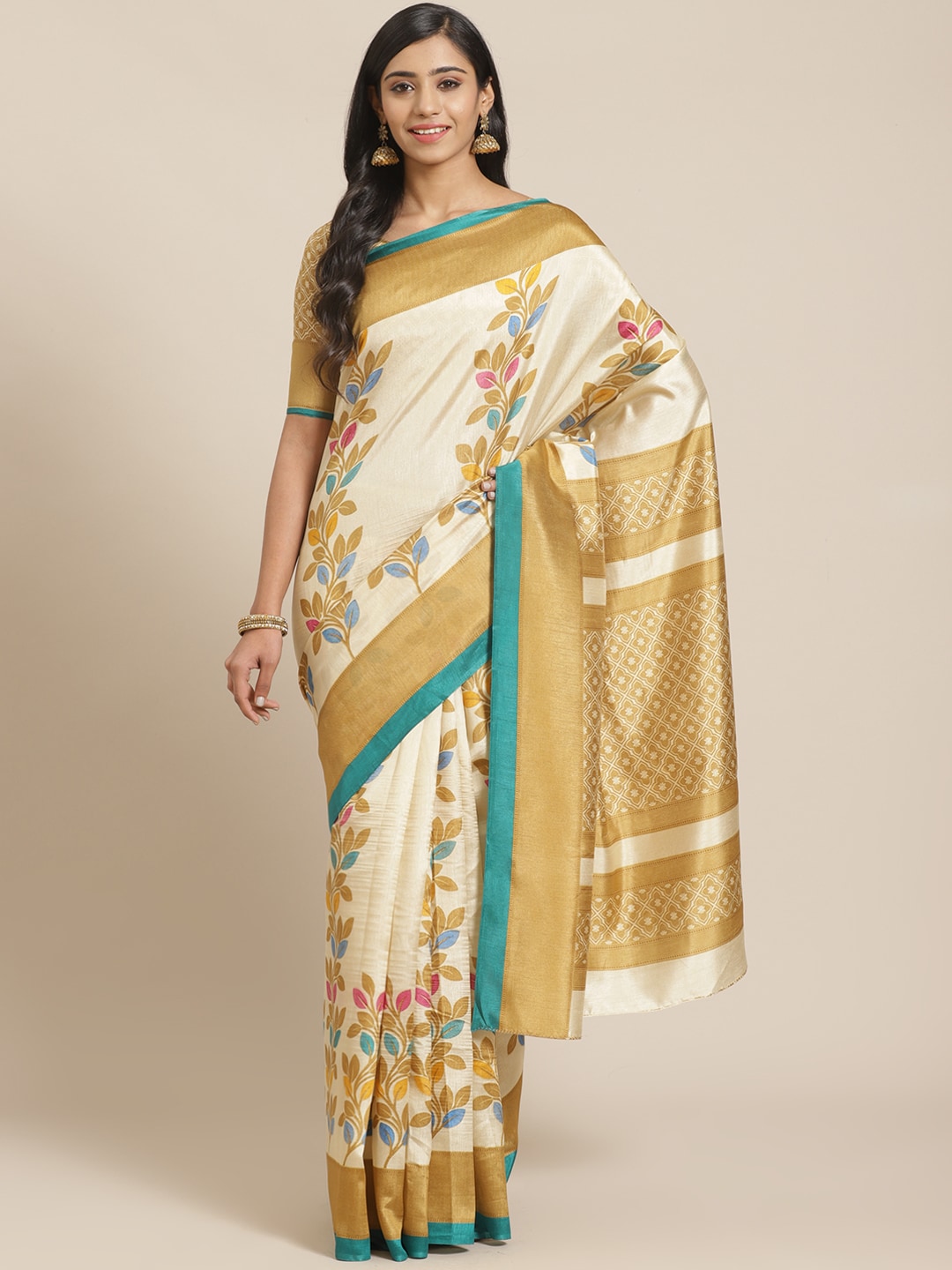 Saree Mall Beige & Blue Printed Saree | Grocsy