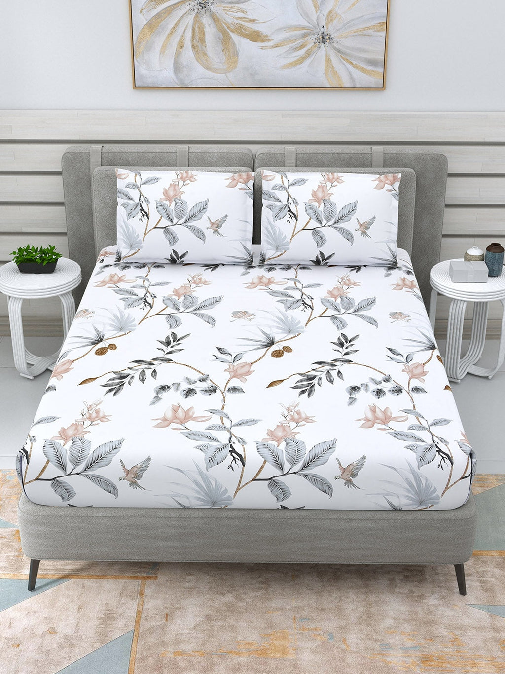 DREAM WEAVERZ White & Grey Floral 220 TC Cotton 1 Double Bedsheet with 2 Pillow Covers | Grocsy