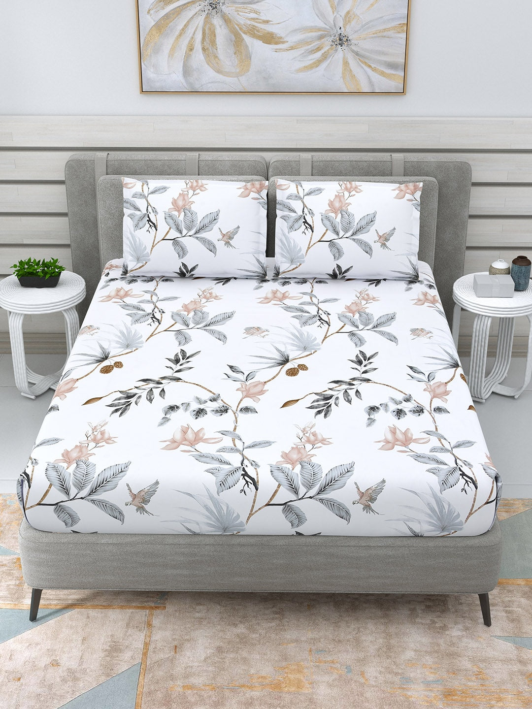 DREAM WEAVERZ White & Grey Floral 220 TC Cotton 1 Double Bedsheet with 2 Pillow Covers | Grocsy