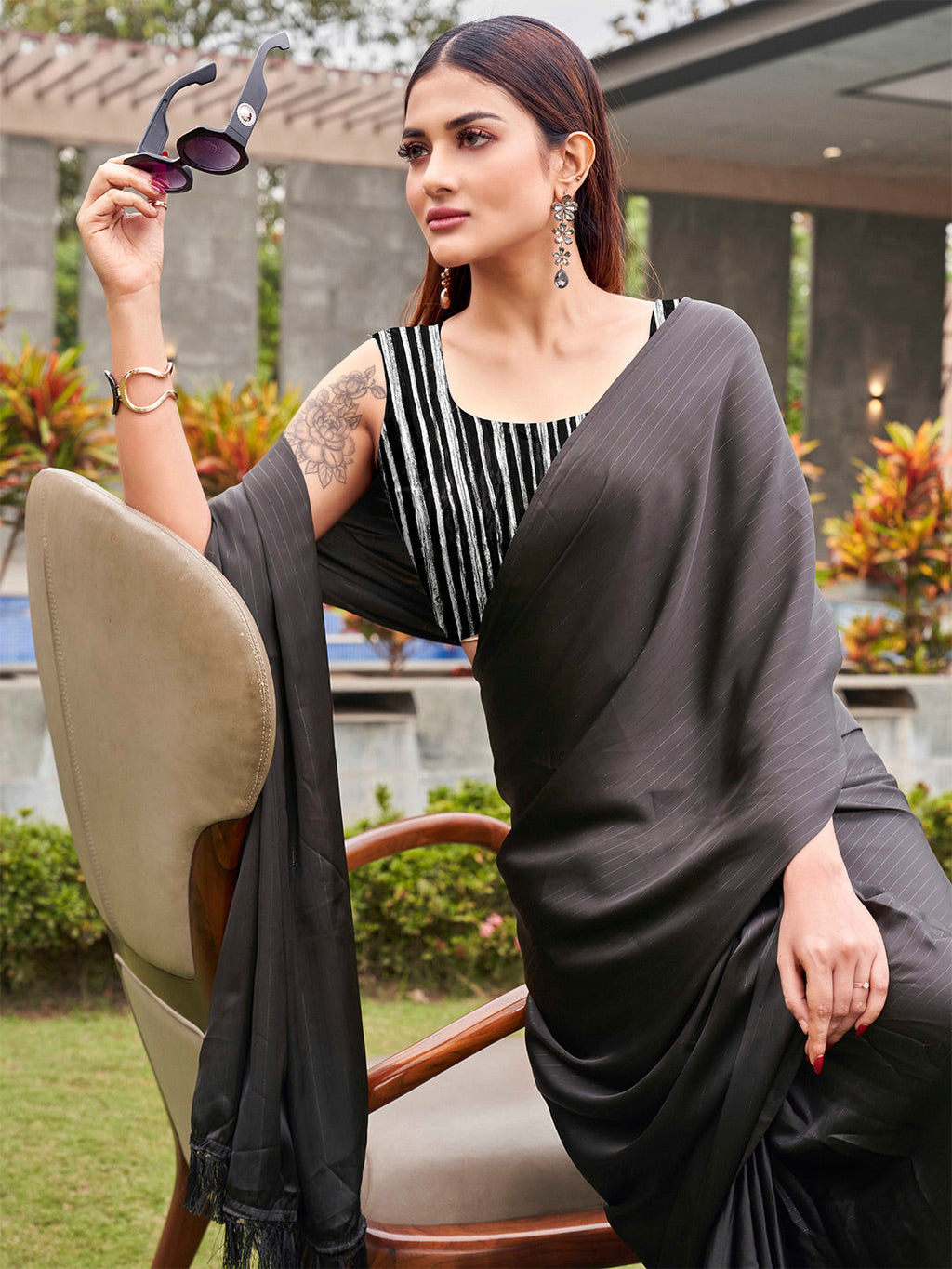 Tikhi Imli Striped Satin Ready to Wear Saree | Grocsy