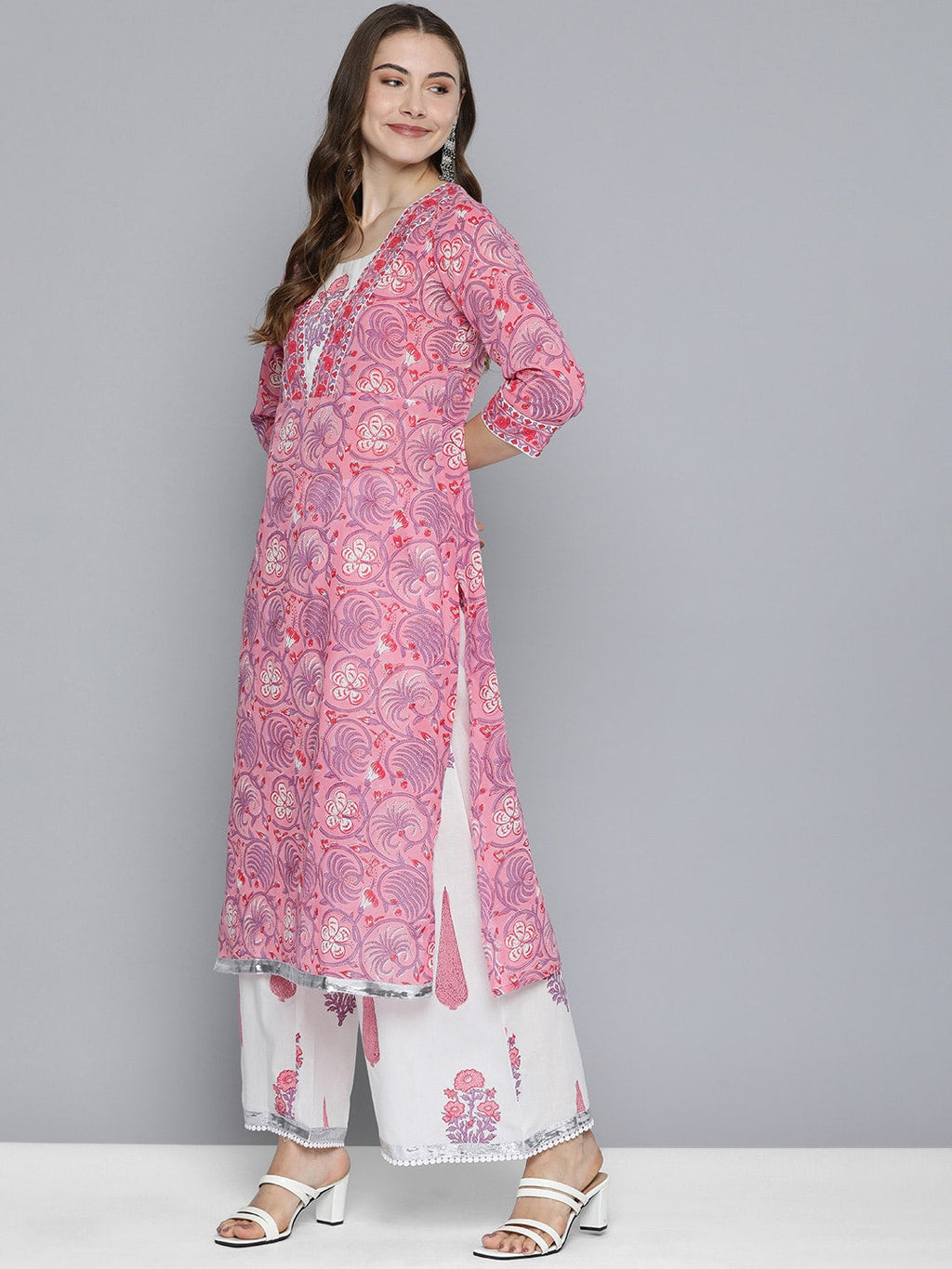 HERE&NOW Women Floral Printed Regular Pure Cotton Kurta with Palazzos & With Dupatta | Grocsy
