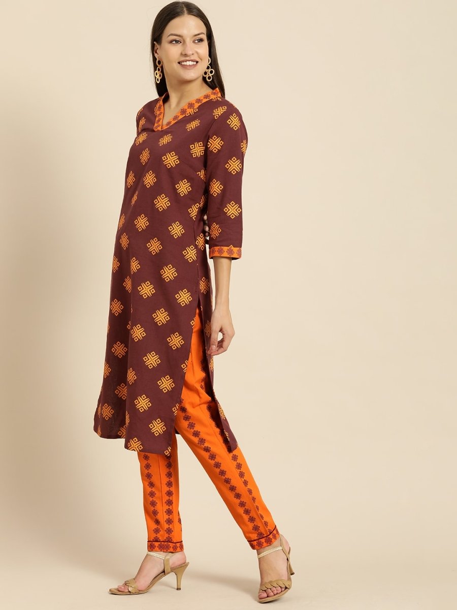 All About You Women Maroon Ethnic Motifs Printed Kurta with Printed Trousers | Grocsy
