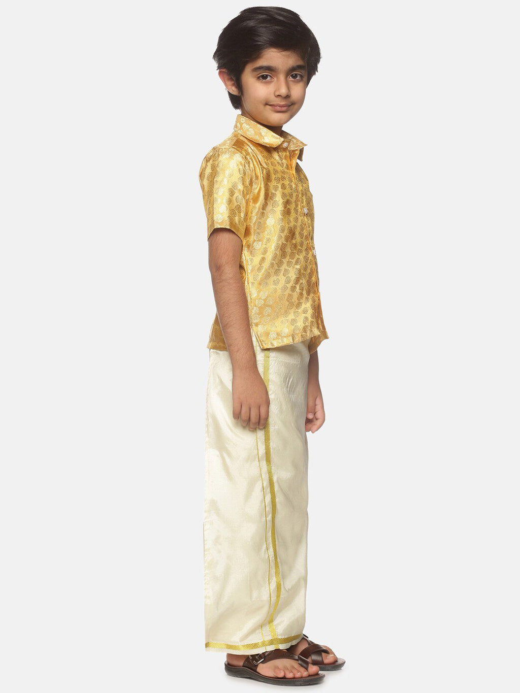 Sethukrishna Boys Gold-Toned Self Design Shirt with Dhoti | Grocsy