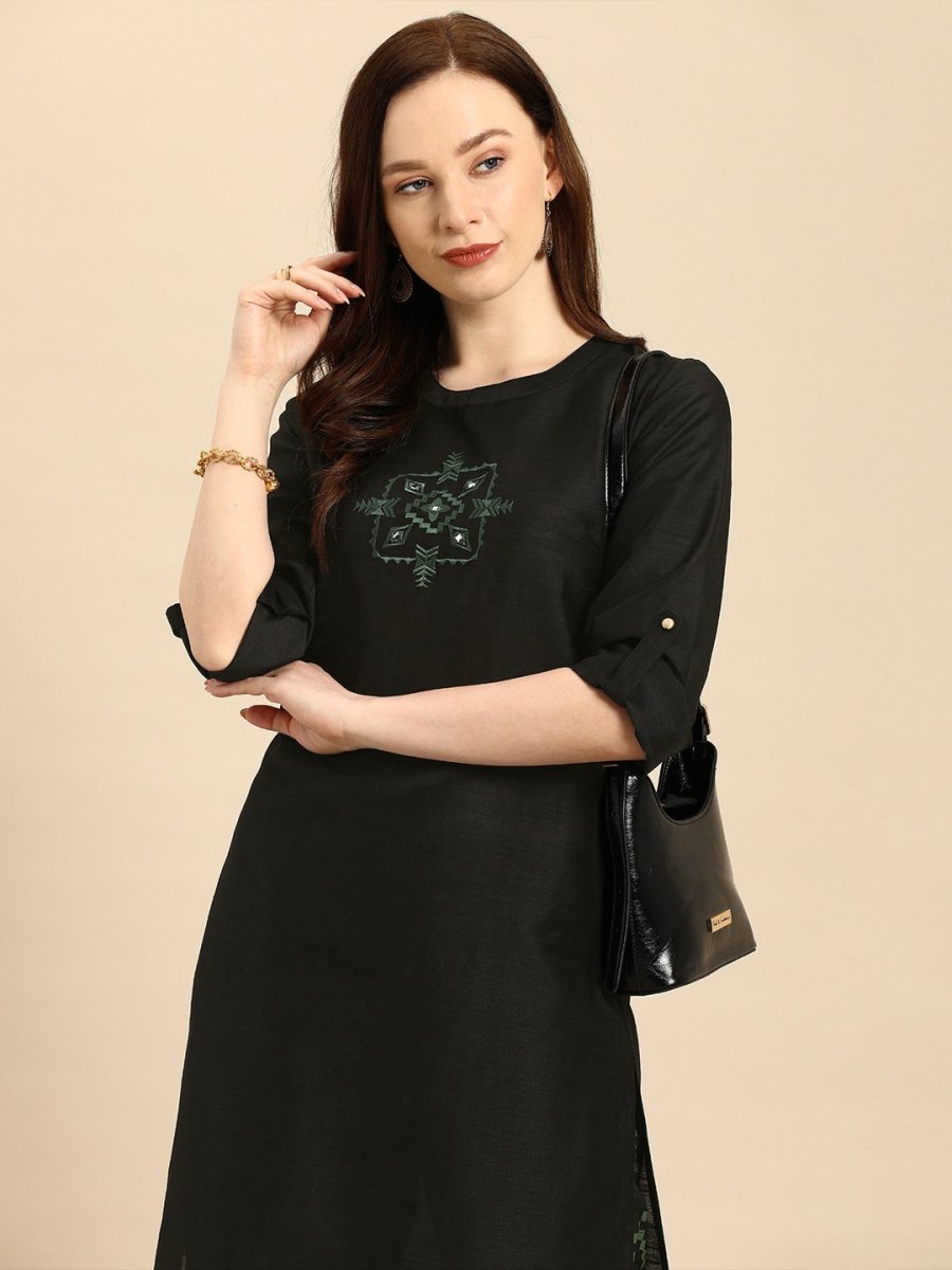 All About You Women Black & Green Embroidered Kurta with Trousers | Grocsy