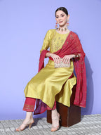 Sangria Ethnic Motifs Yoke Design Regular Sequinned Kurta with Trousers & Dupatta | Grocsy