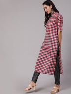 Aks Women Checked Shirt Collar Pure Cotton Kurta With Trousers | Grocsy