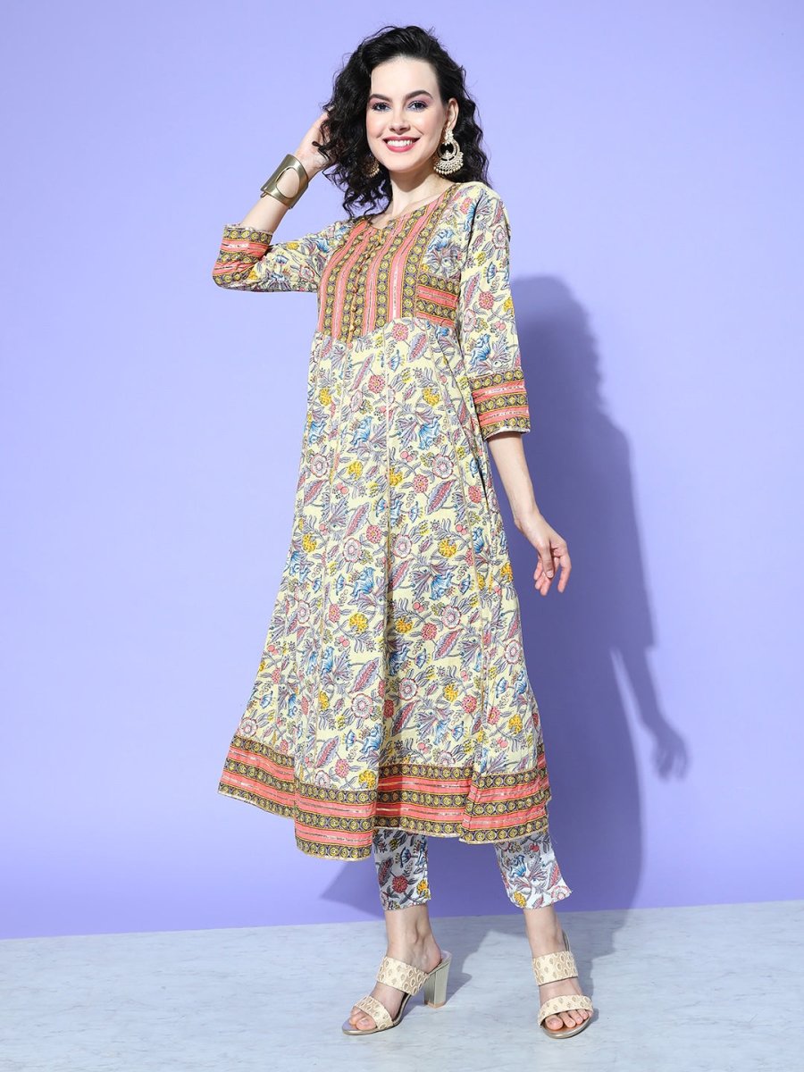 All About You Women Cream-Coloured Floral Printed Regular Gotta Patti Pure Cotton Kurta with Trousers & With | Grocsy
