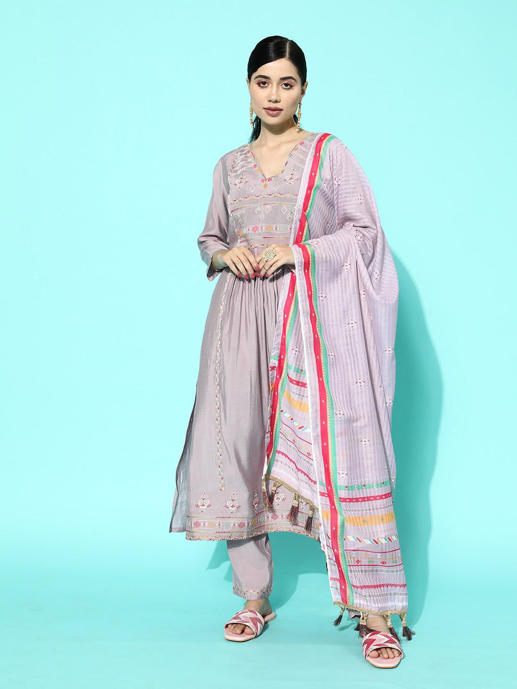 Sangria Women Lavender Ethnic Motifs Yoke Design Regular Thread Work Kurta with Trousers & With Dupatta | Grocsy