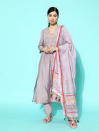 Sangria Women Lavender Ethnic Motifs Yoke Design Regular Thread Work Kurta with Trousers & With Dupatta | Grocsy
