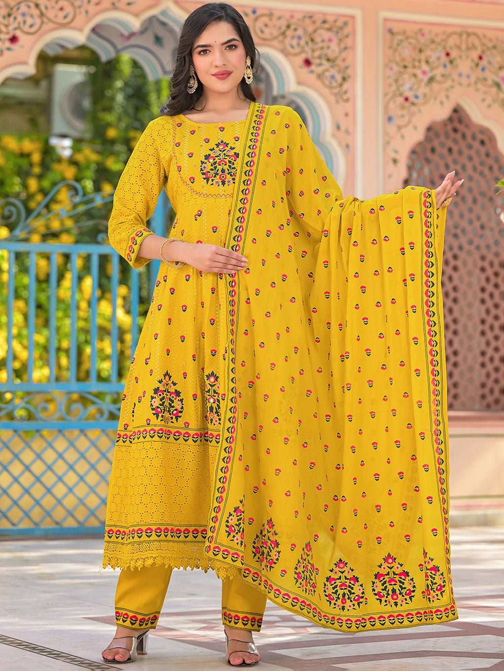Sangria Yellow Floral Printed & Mirror Work Cotton Anarkali Kurta With Trouser & Dupatta | Grocsy